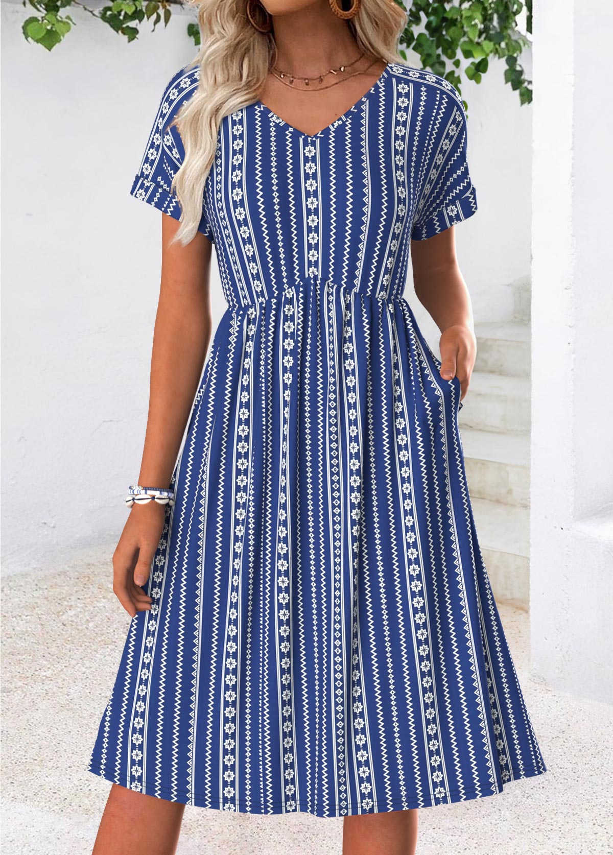 Blue Tummy Coverage Tribal Print Short Sleeve Dress | picture 
