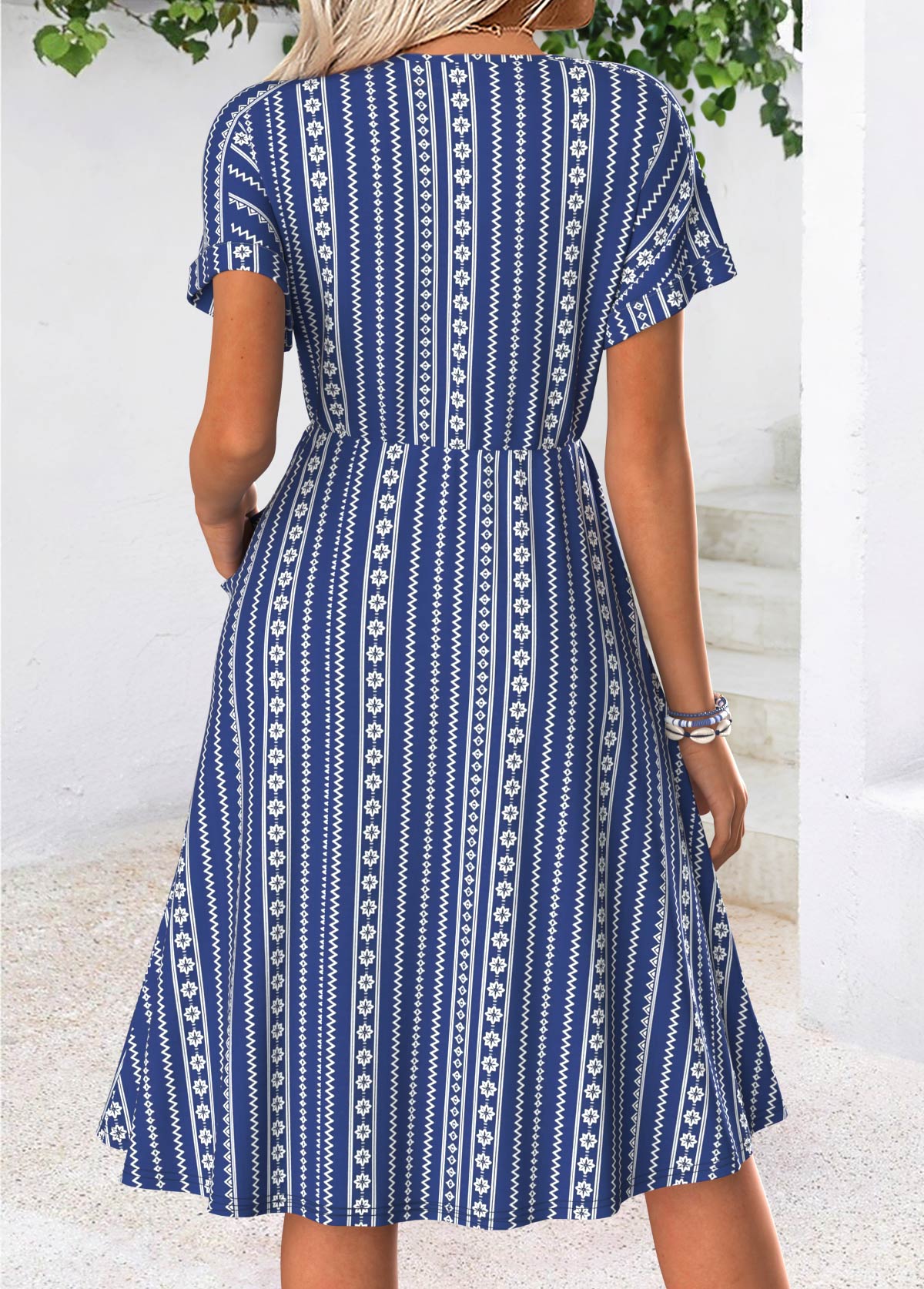 Blue Tummy Coverage Tribal Print Short Sleeve Dress | picture 