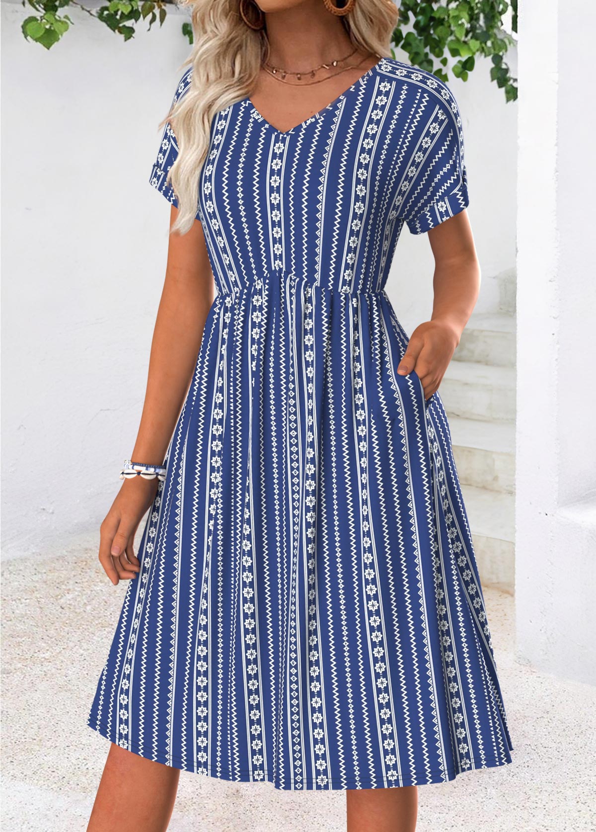 Blue Tummy Coverage Tribal Print Short Sleeve Dress | picture 