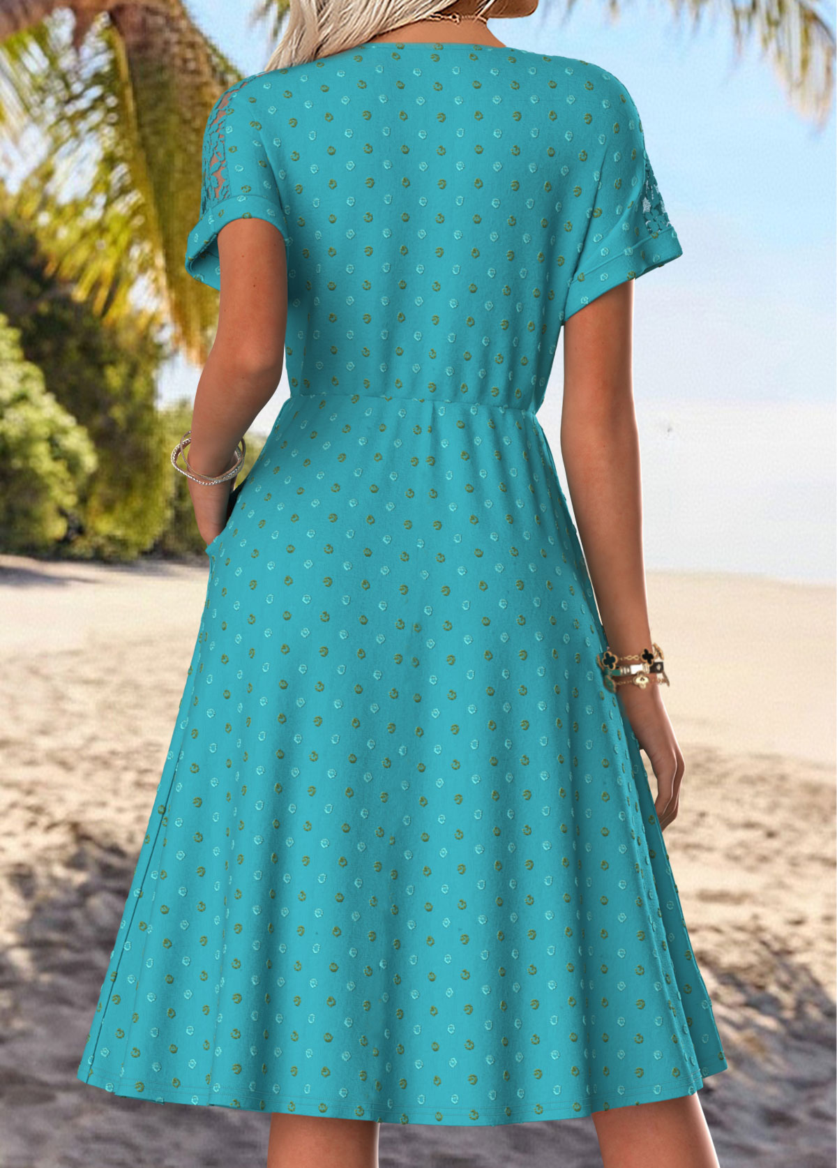 Peacock Blue Tummy Coverage Short Sleeve V Neck Dress | picture 