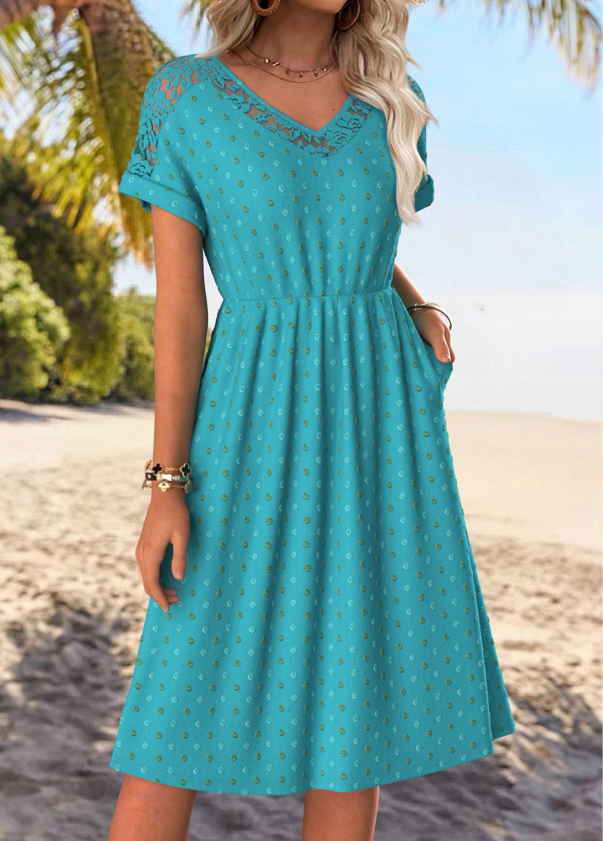 Peacock Blue Tummy Coverage Short Sleeve V Neck Dress | picture 
