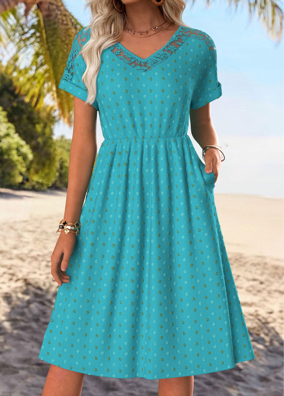 Peacock Blue Tummy Coverage Short Sleeve V Neck Dress | picture 