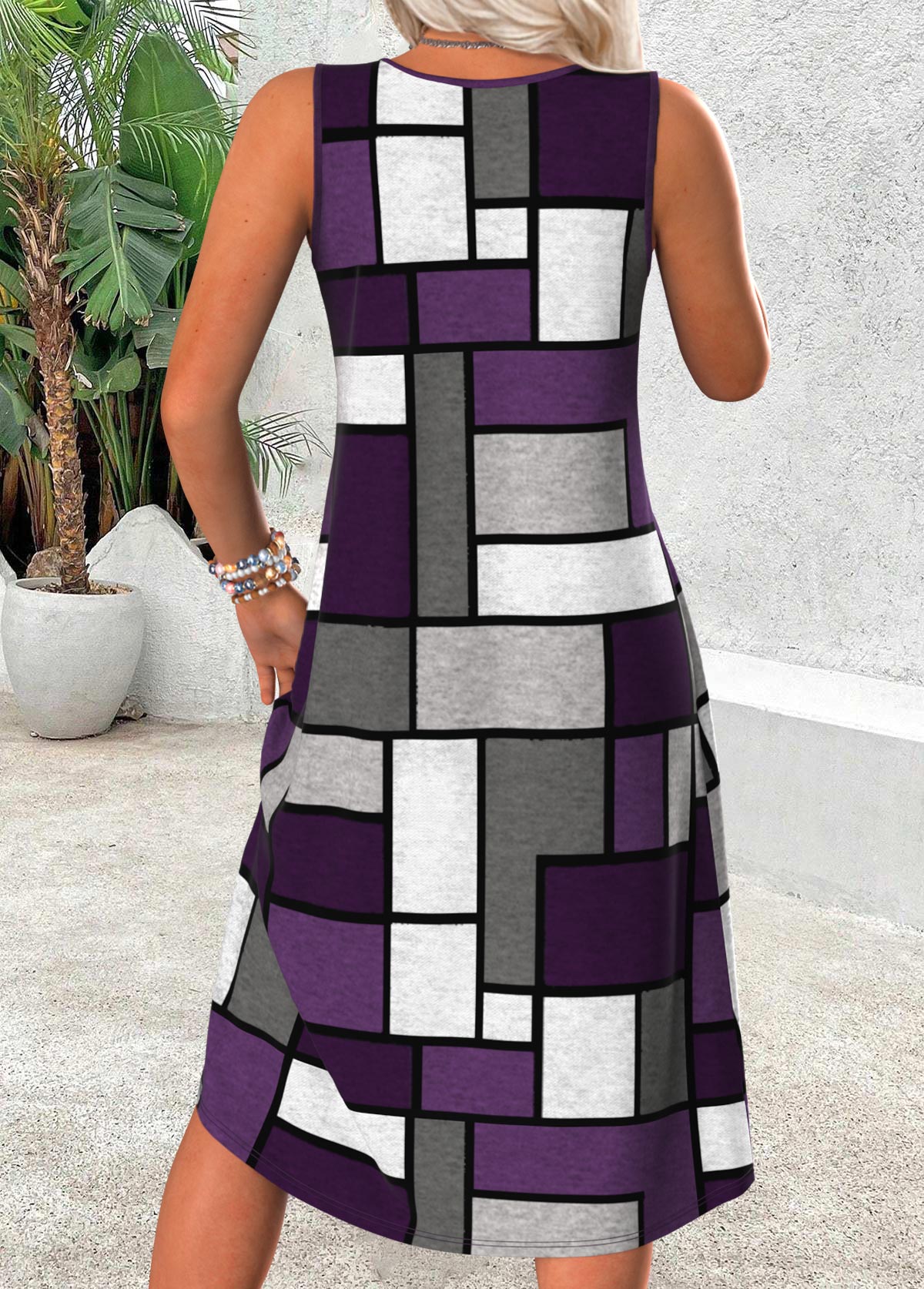 Dark Purple Tummy Coverage Geometric Print Sleeveless Dress | picture 