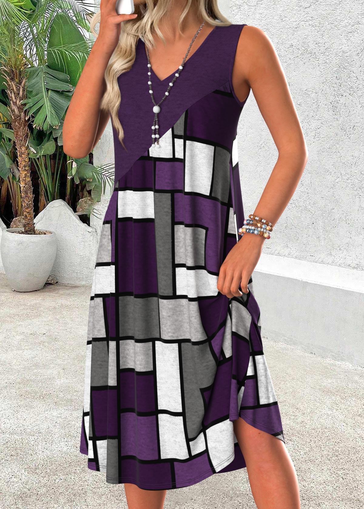Dark Purple Tummy Coverage Geometric Print Sleeveless Dress | picture 