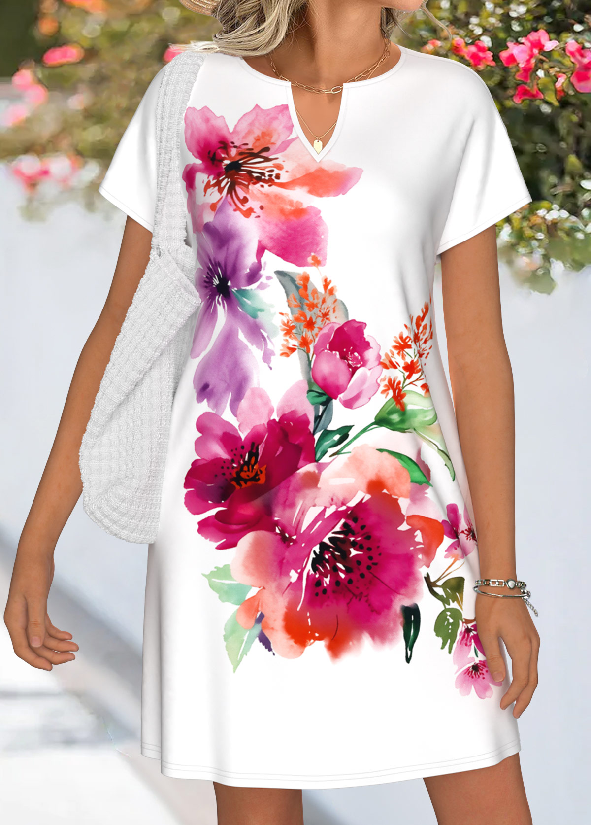 White Tummy Coverage Floral Print Short Split Neck Dress | picture 