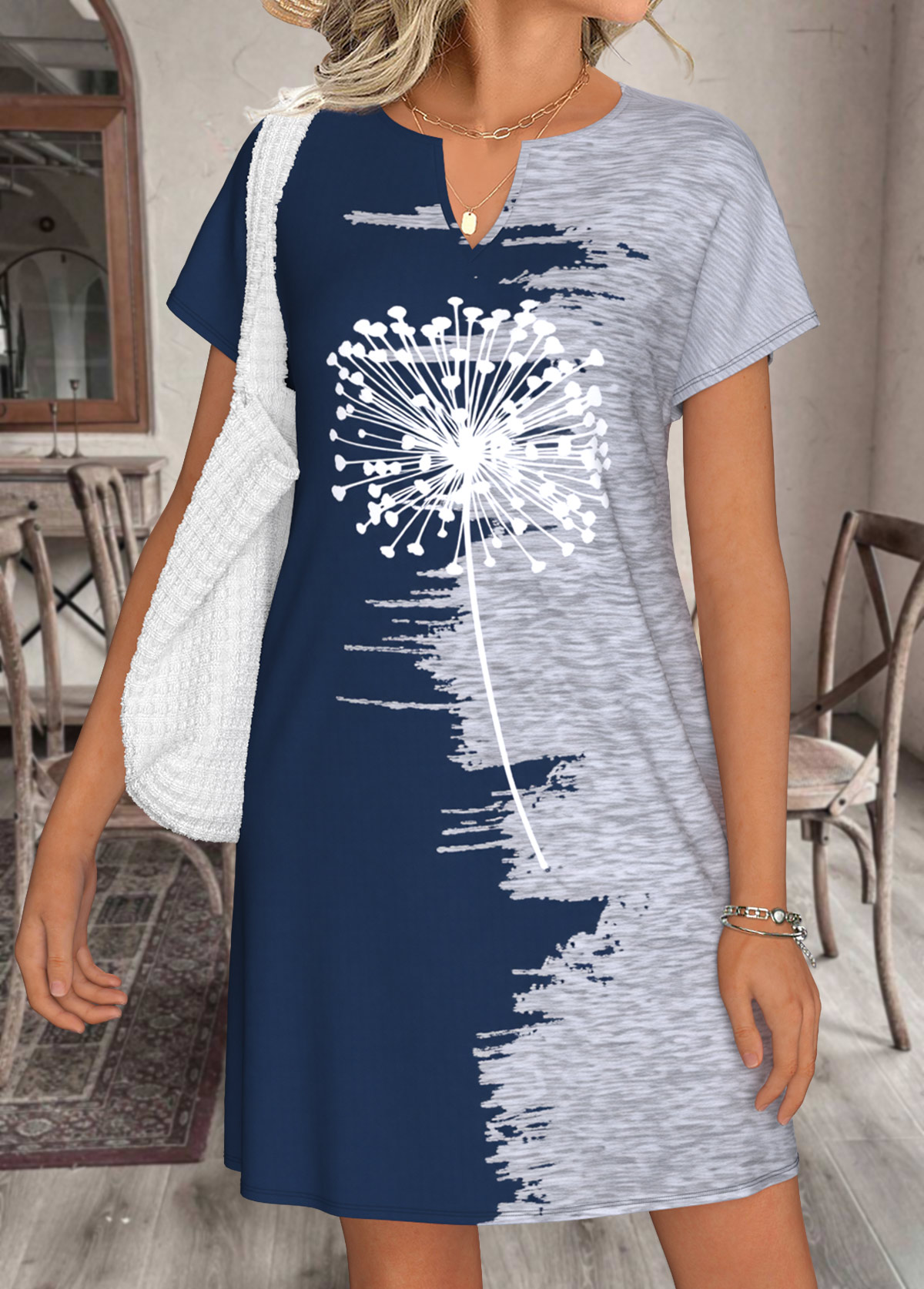 Navy Tummy Coverage Short Split Neck Dress | picture 