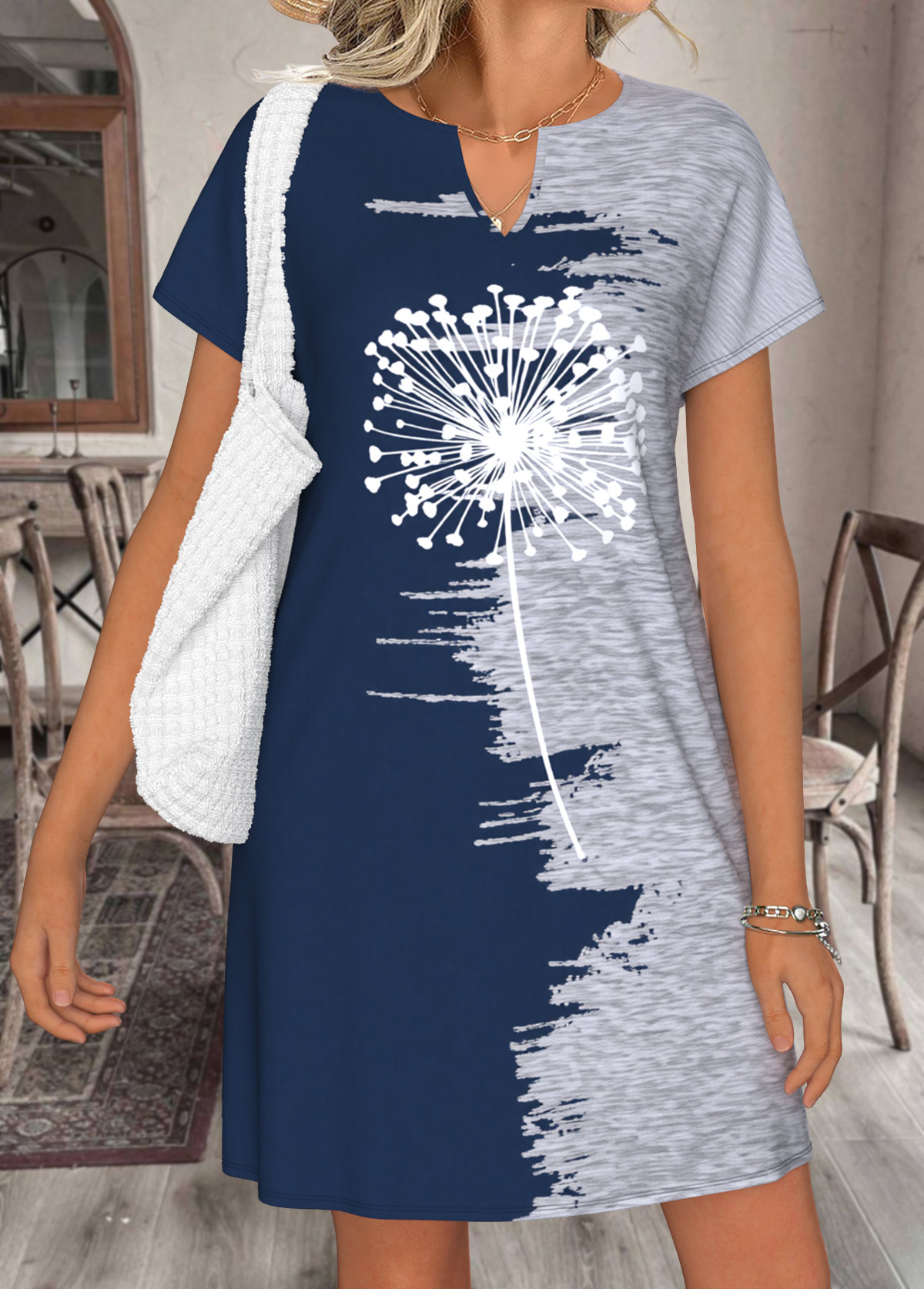 Navy Tummy Coverage Short Split Neck Dress | picture 