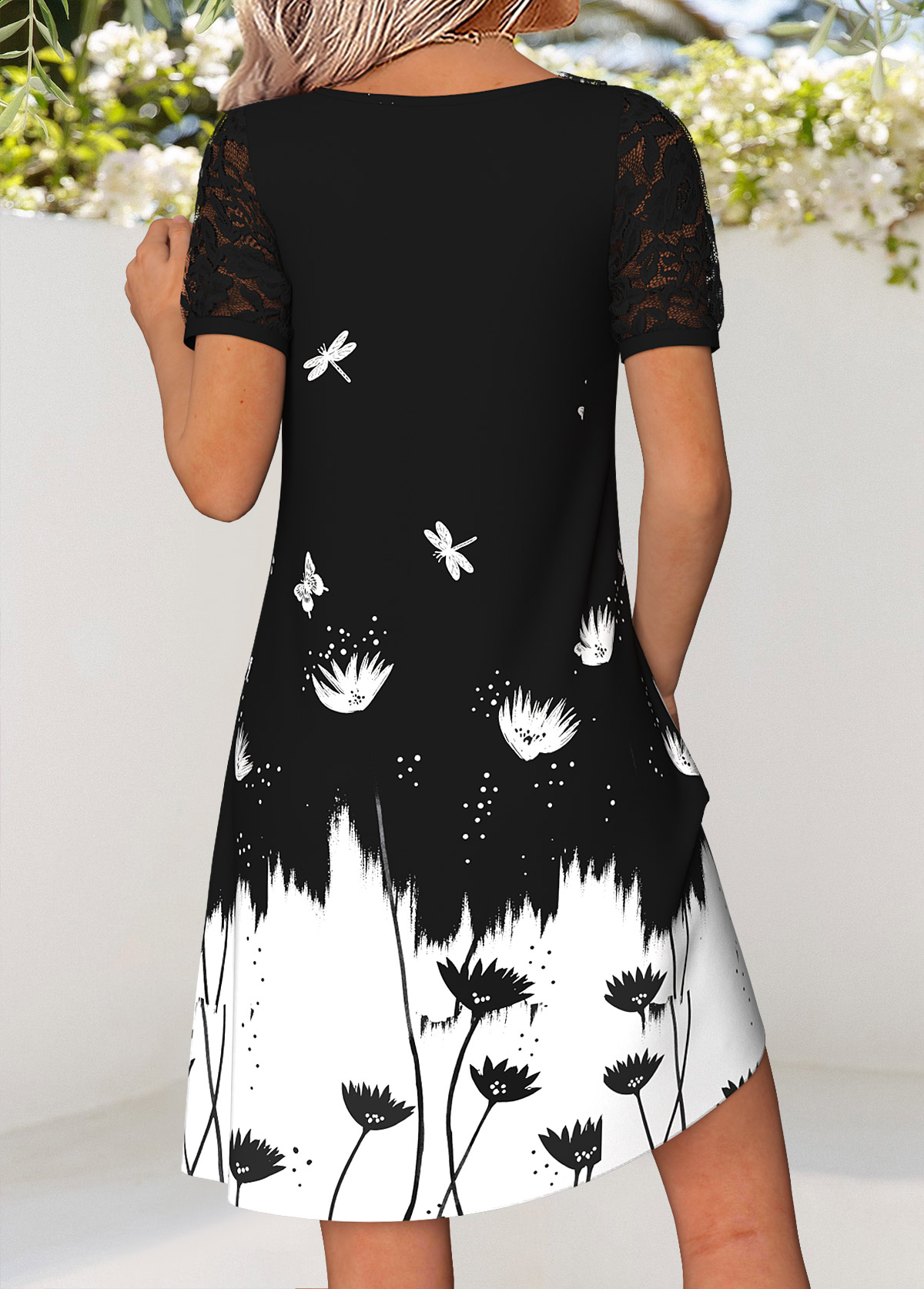 Black Tummy Coverage Floral Print Short V Neck Dress | picture 