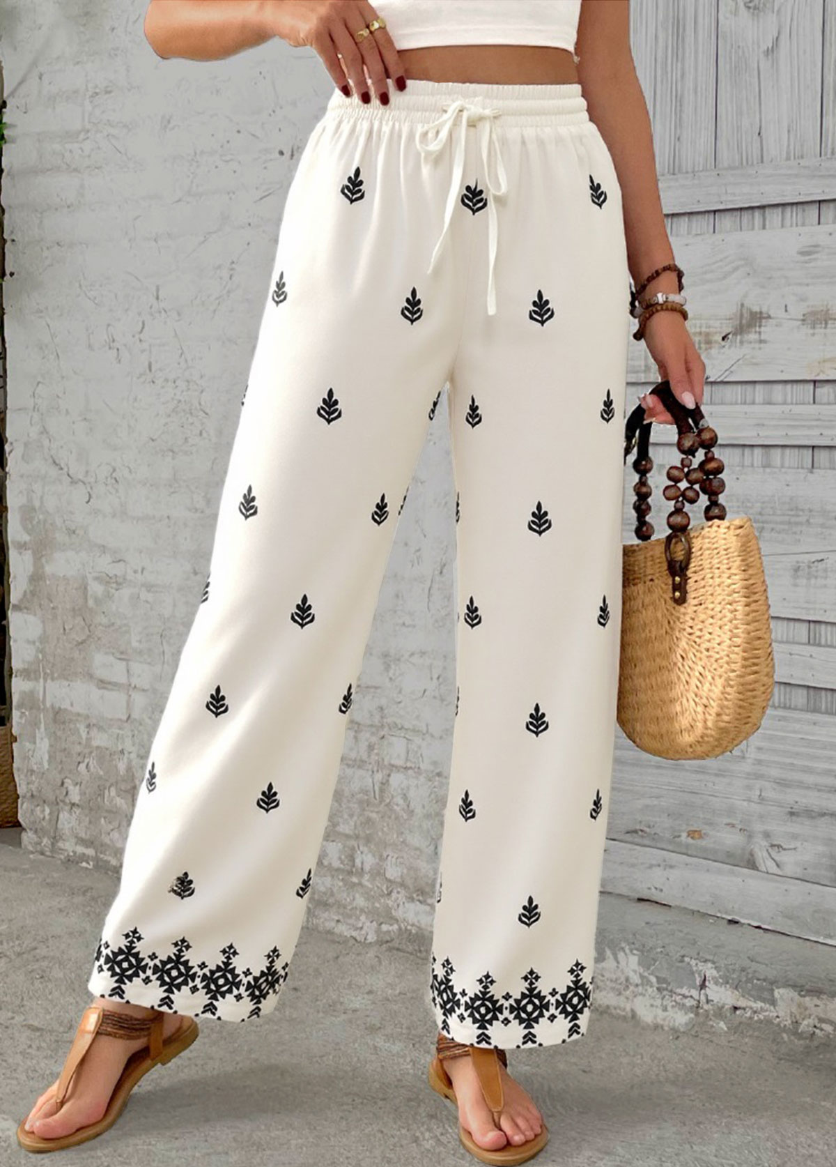Modlily Beige Soft Tribal Print Wide Leg Elastic Waist Pants - M