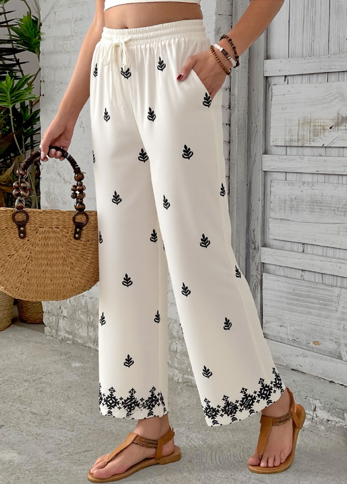 Beige Soft Tribal Print Wide Leg Elastic Waist Pants | picture 