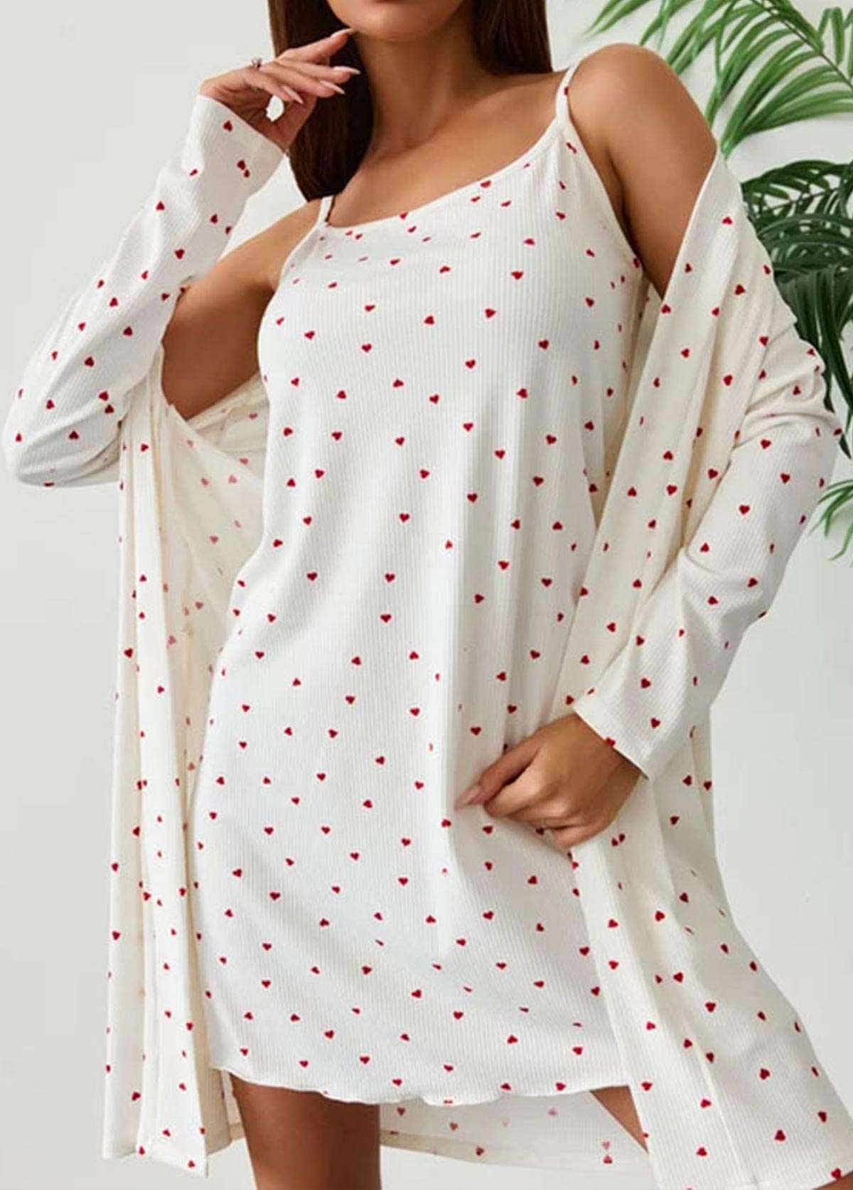 Beige Heart Print Long Sleeve Camisole and Robe | picture 