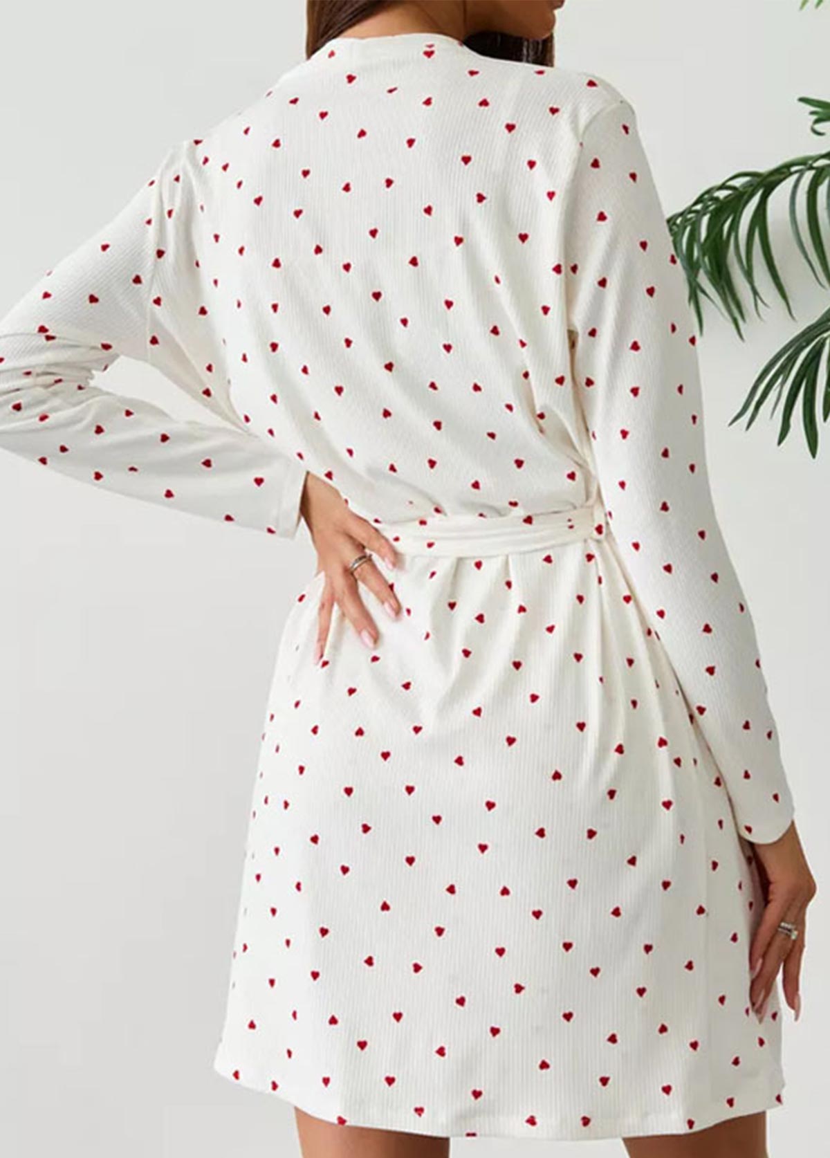 Beige Heart Print Long Sleeve Camisole and Robe | picture 
