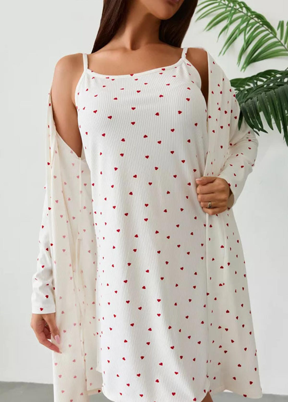 Beige Heart Print Long Sleeve Camisole and Robe | picture 