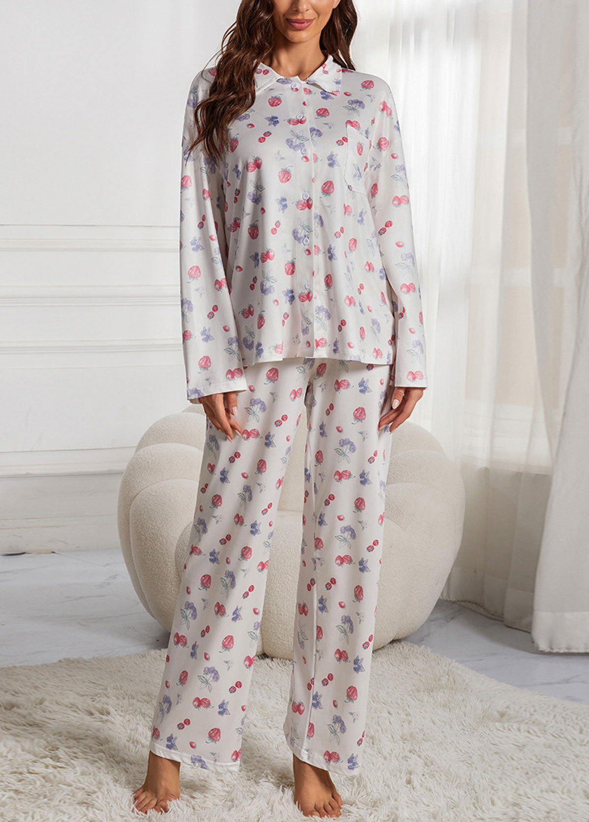 White Ditsy Floral Print Lounge Top and Pants | picture 