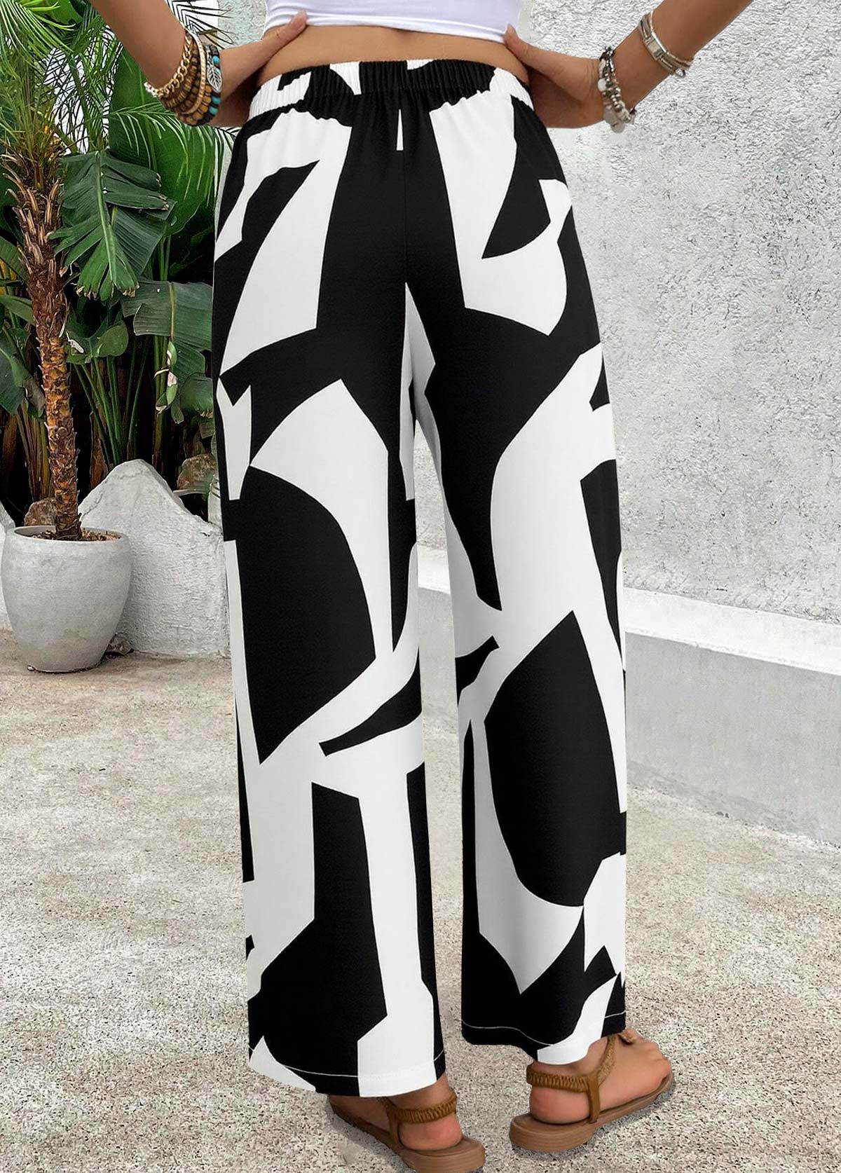 Black Soft Geometric Print Wide Leg Elastic Waist Pants | picture 