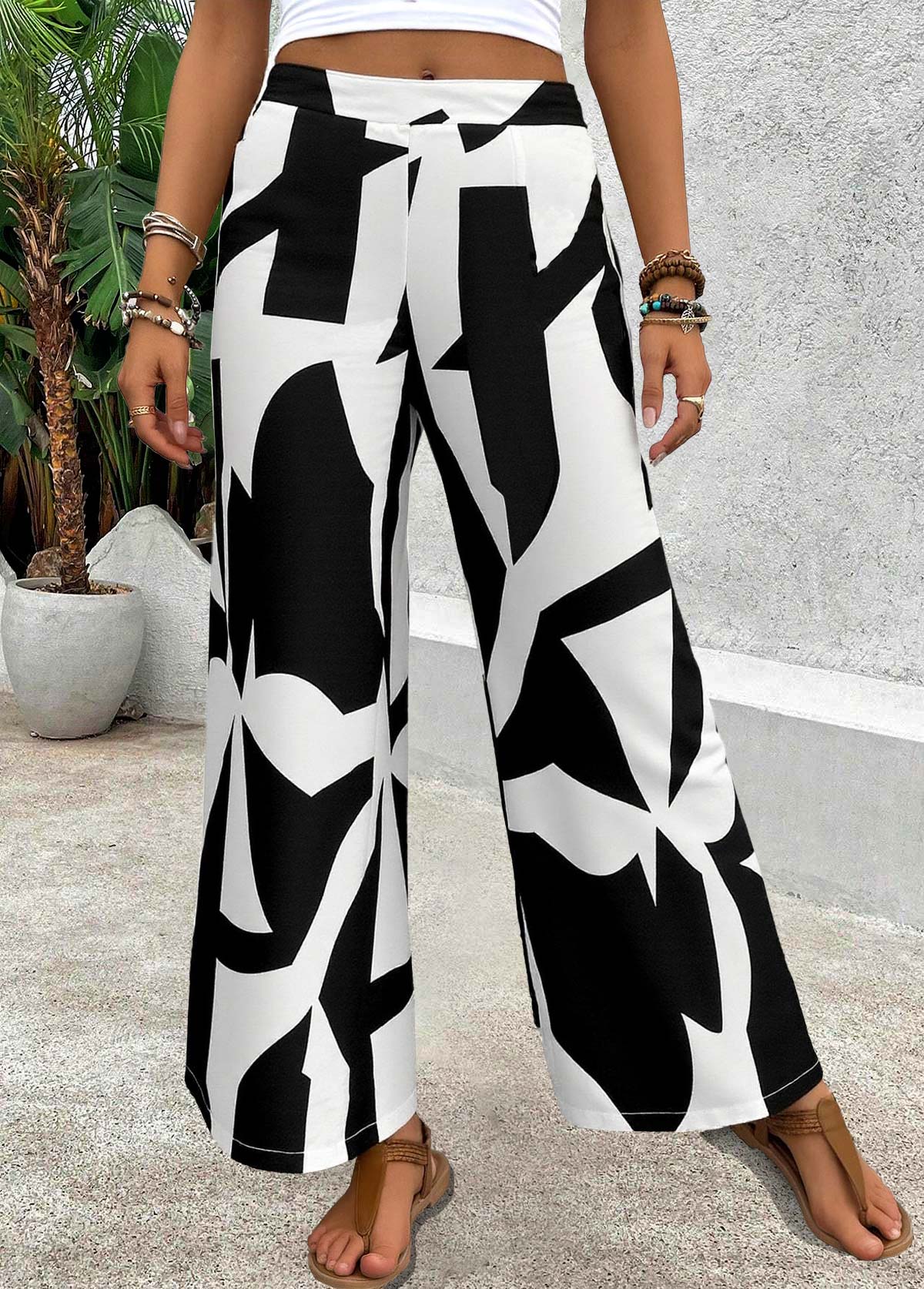 Black Soft Geometric Print Wide Leg Elastic Waist Pants | picture 
