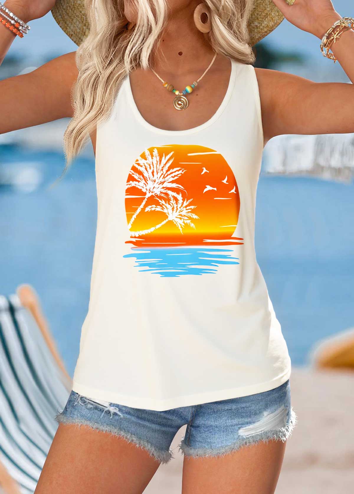 Beige Tummy Coverage Tropical Plants Print Sleeveless Tank Top | picture 