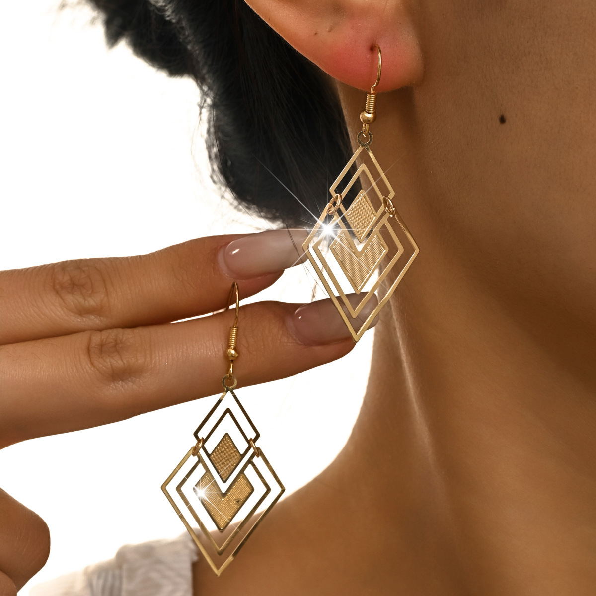 Golden Square Geometric Hollow Copper Earrings | picture 