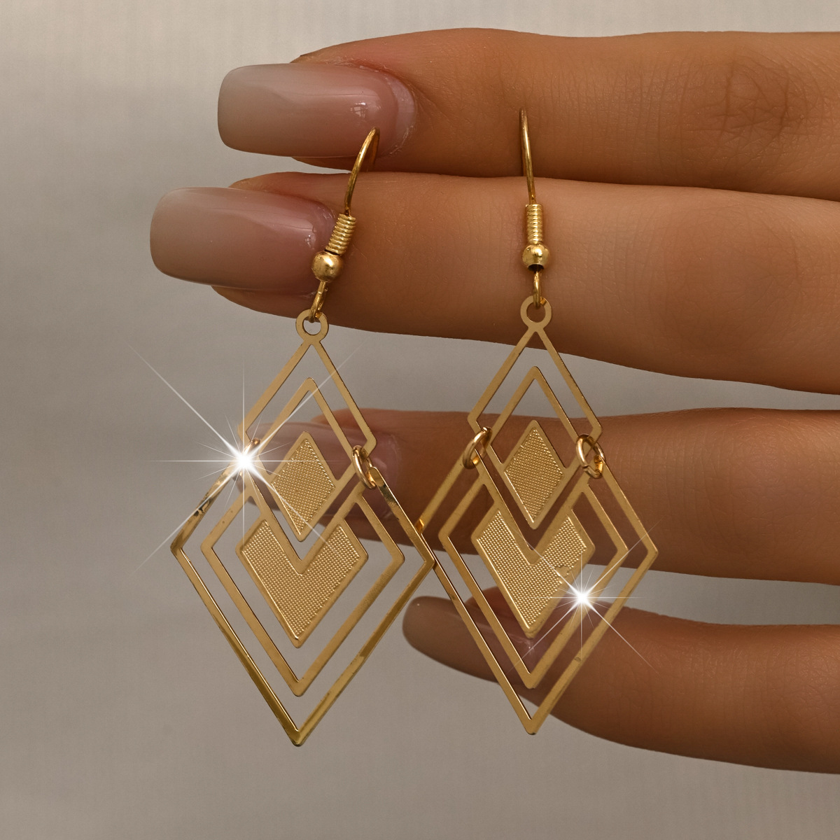 Golden Square Geometric Hollow Copper Earrings | picture 