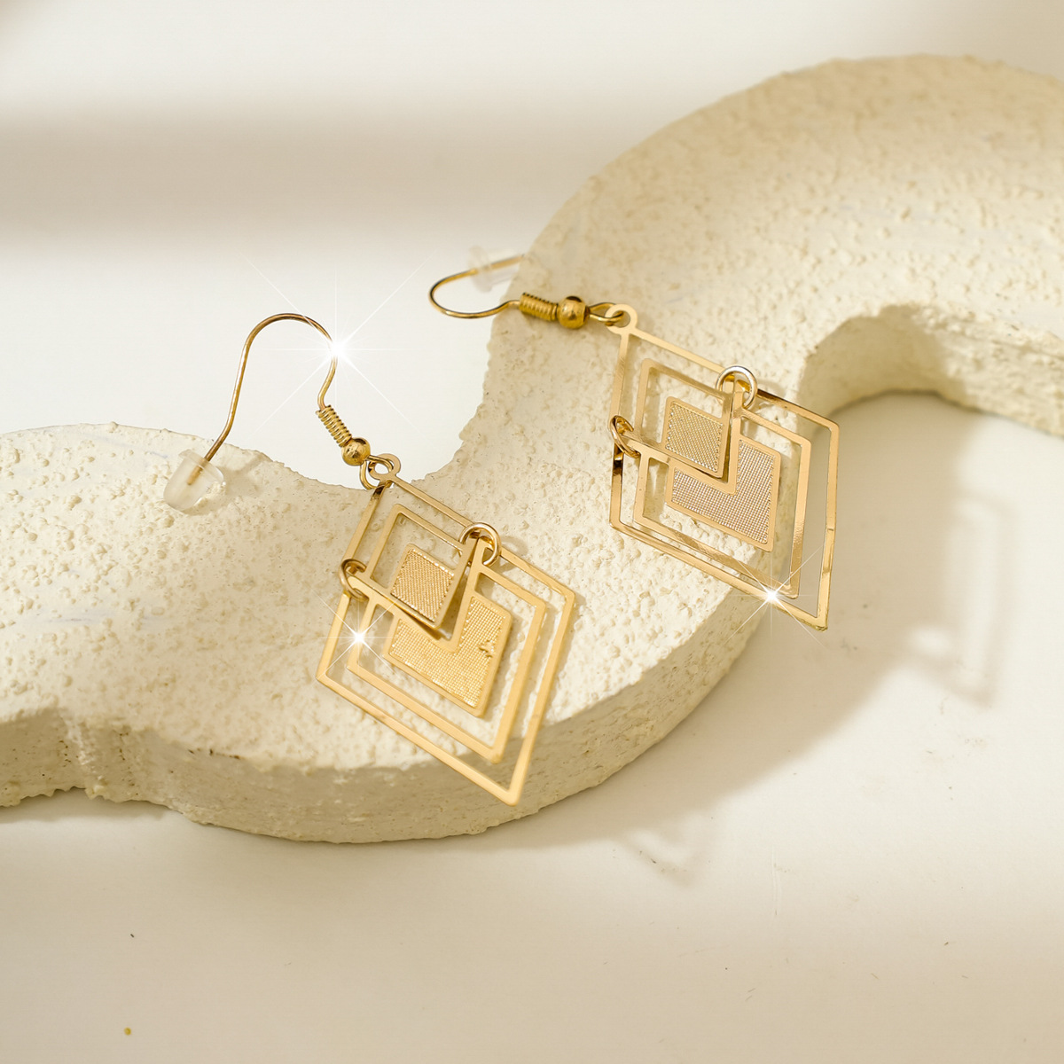 Golden Square Geometric Hollow Copper Earrings | picture 