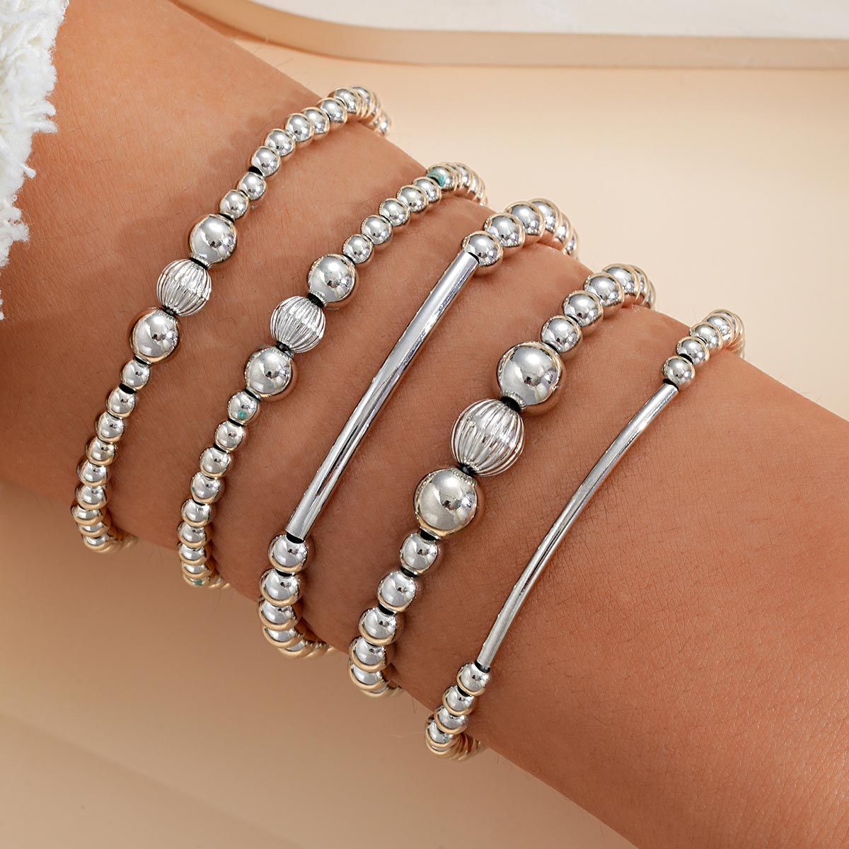 Silver Round Beaded Design Bracelet Set | picture 