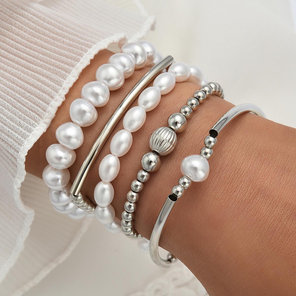 Silver Pearl Beaded Design Bracelet Set | picture 