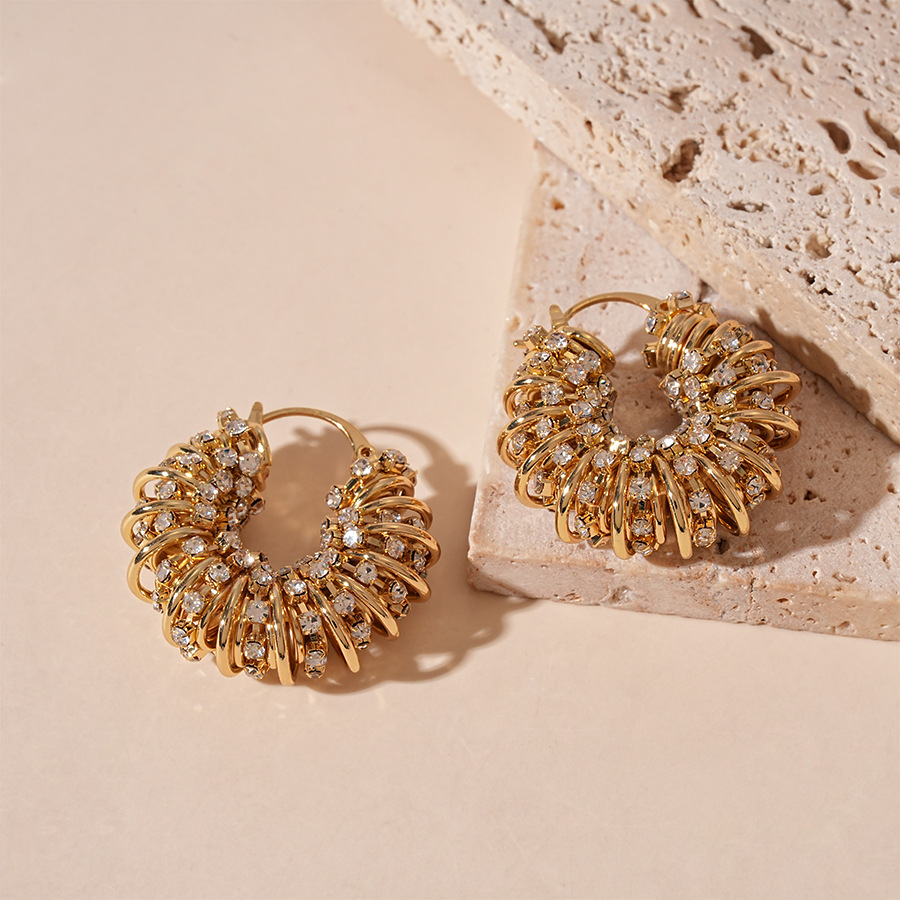 Golden Color Alloy Detail Rhinestones Earrings | picture 