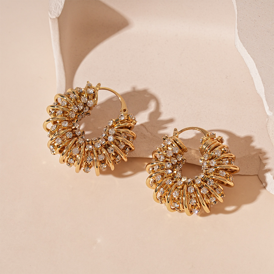 Golden Color Alloy Detail Rhinestones Earrings | picture 
