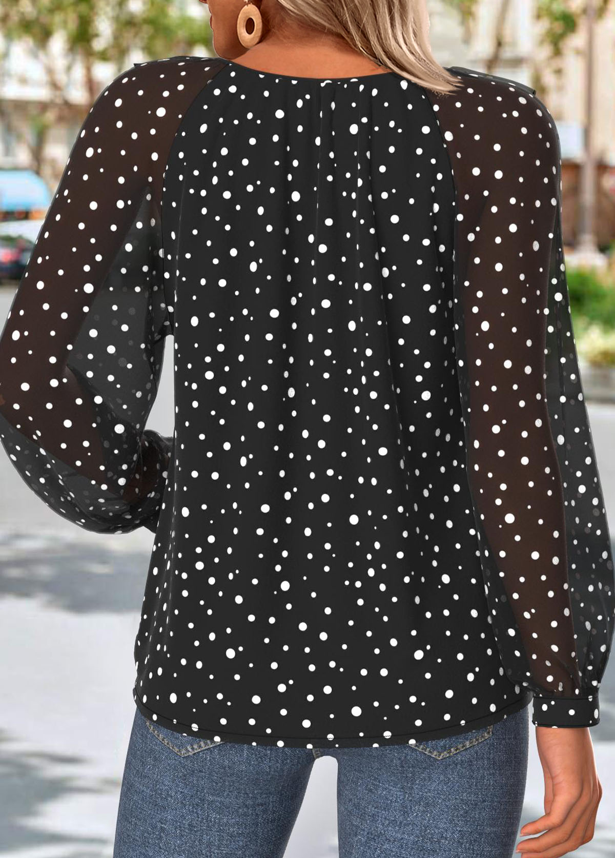 Black Tummy Coverage Polka Dot Long Sleeve Blouse | picture 