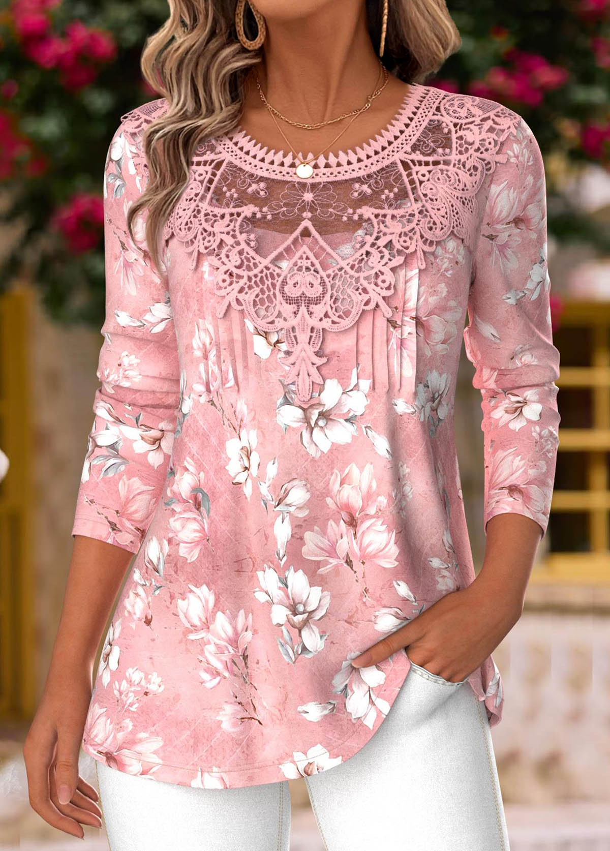 Pink Tummy Coverage Floral Print Long Sleeve T Shirt | picture 