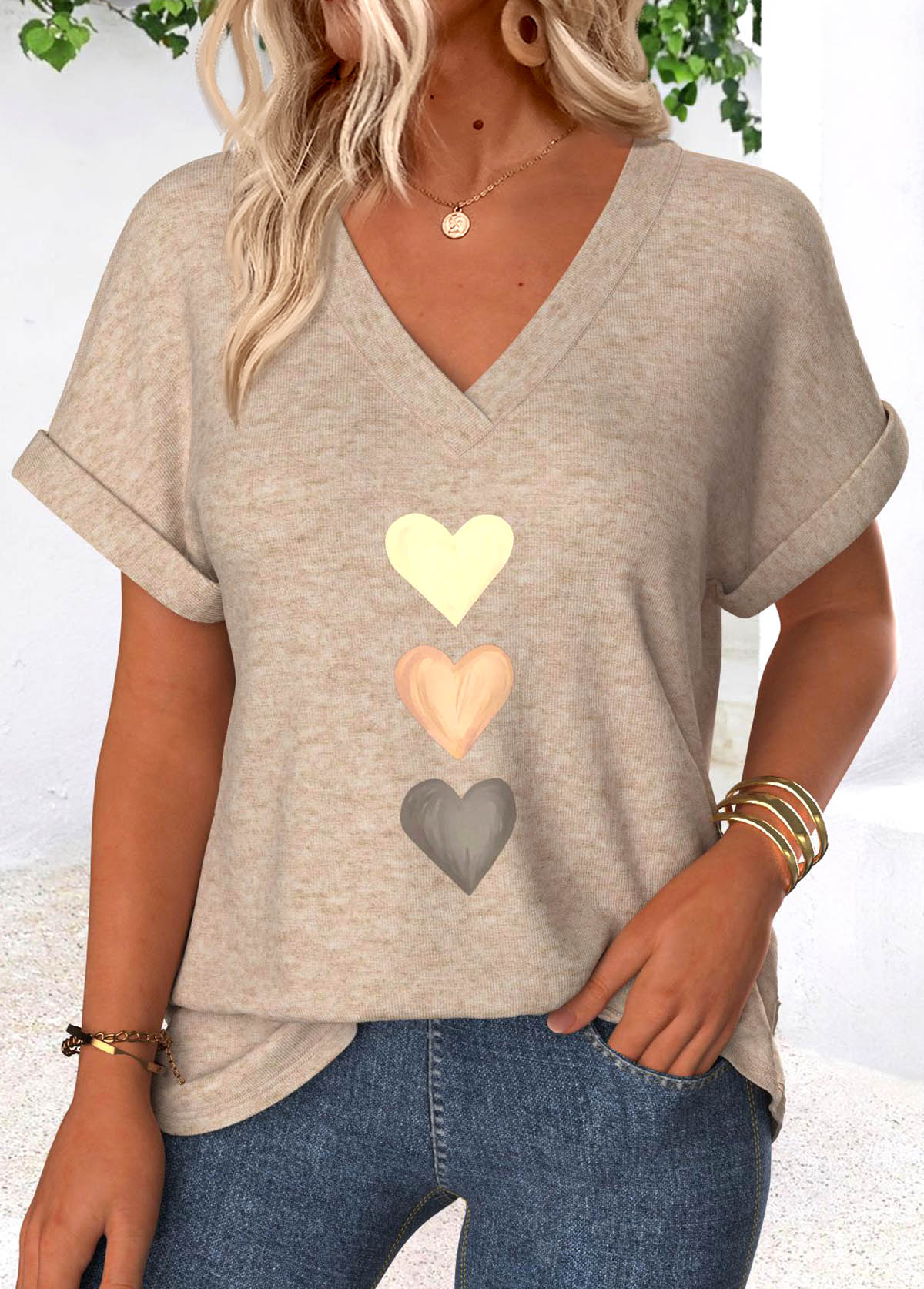 Light Camel Tummy Coverage Heart Print T Shirt | picture 
