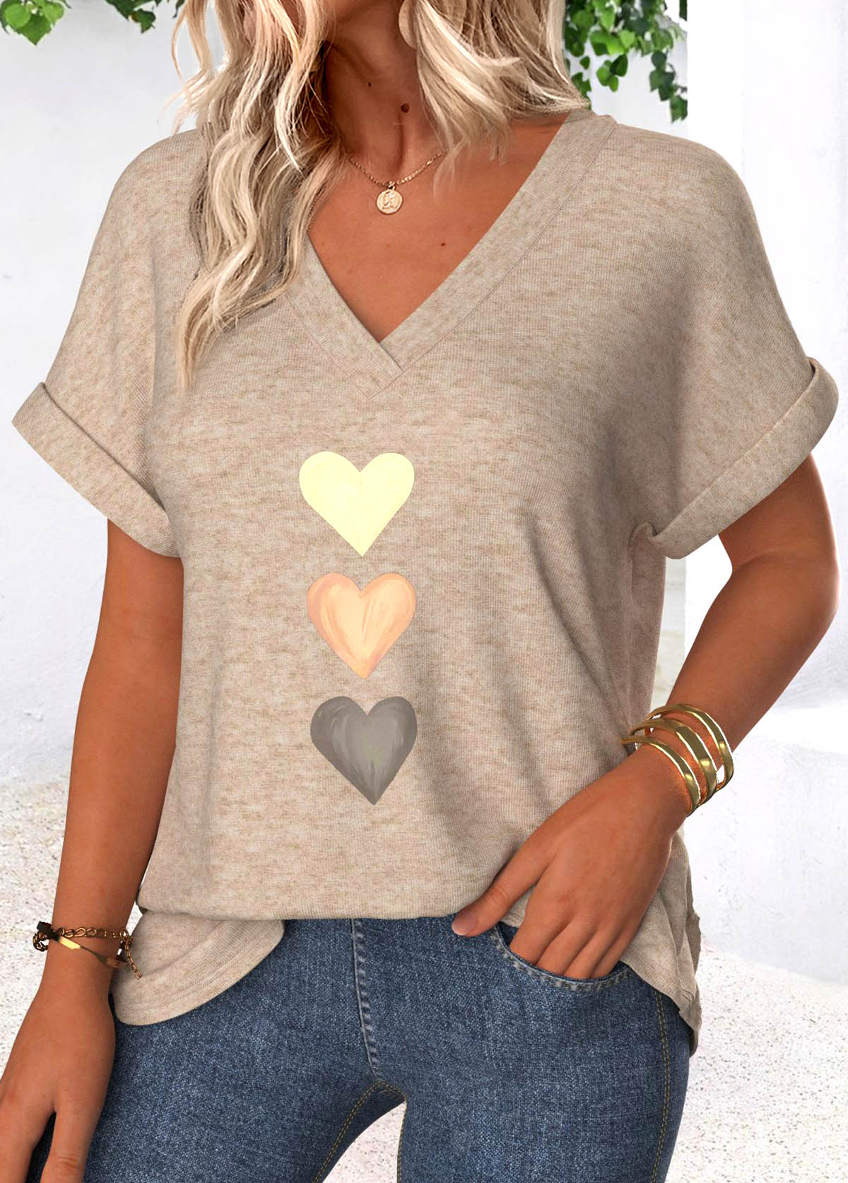 Light Camel Tummy Coverage Heart Print T Shirt | picture 