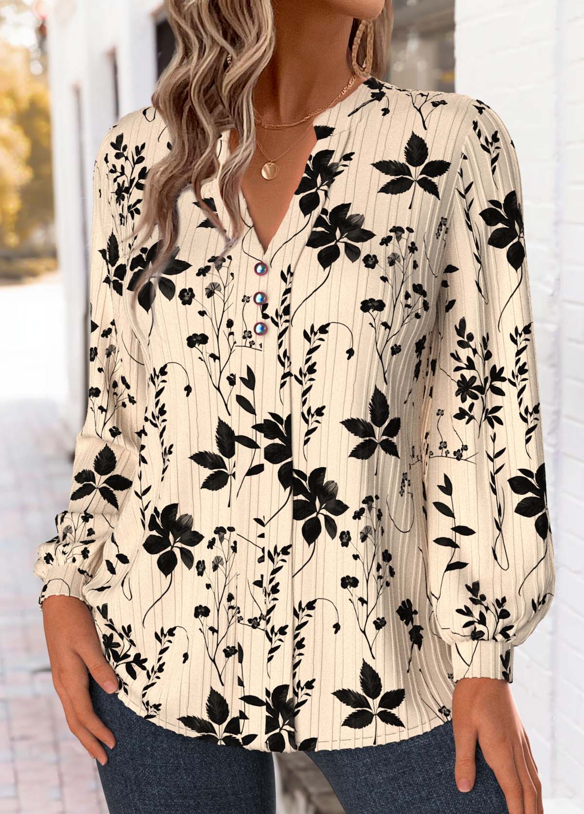 Beige Tummy Coverage Leaf Print Long Sleeve Blouse | picture 
