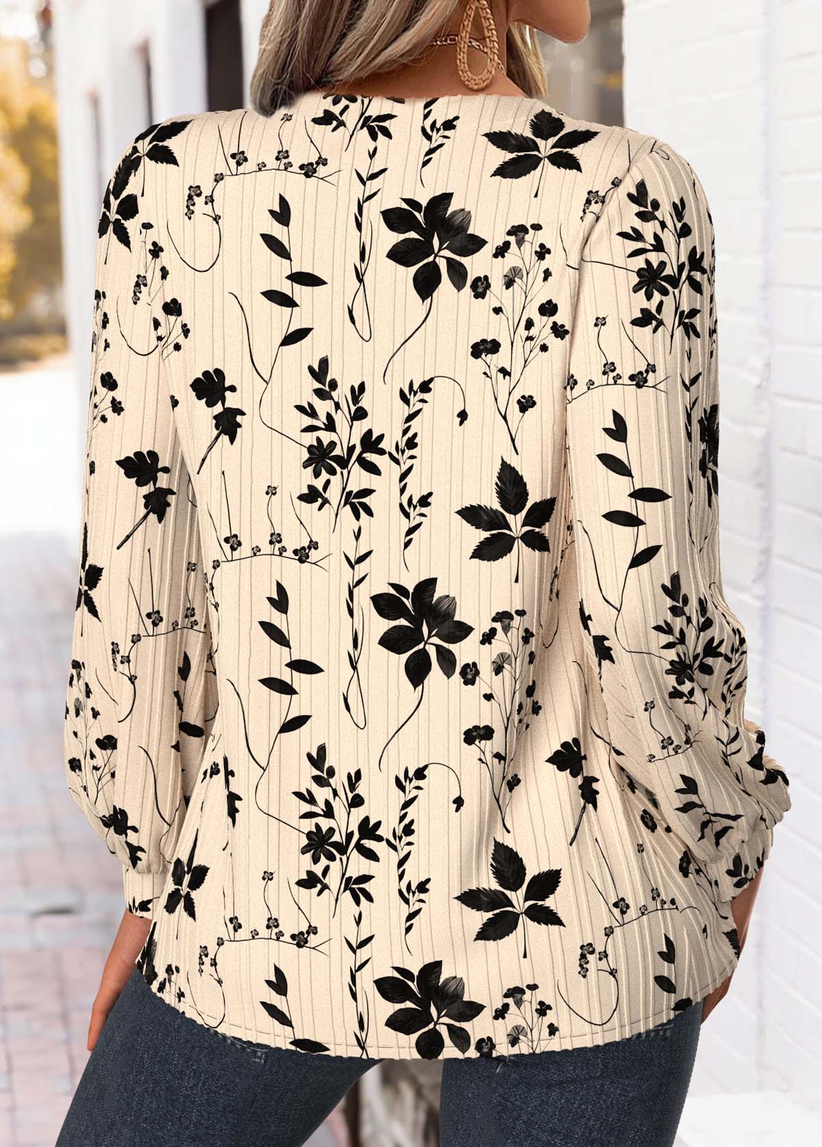 Beige Tummy Coverage Leaf Print Long Sleeve Blouse | picture 