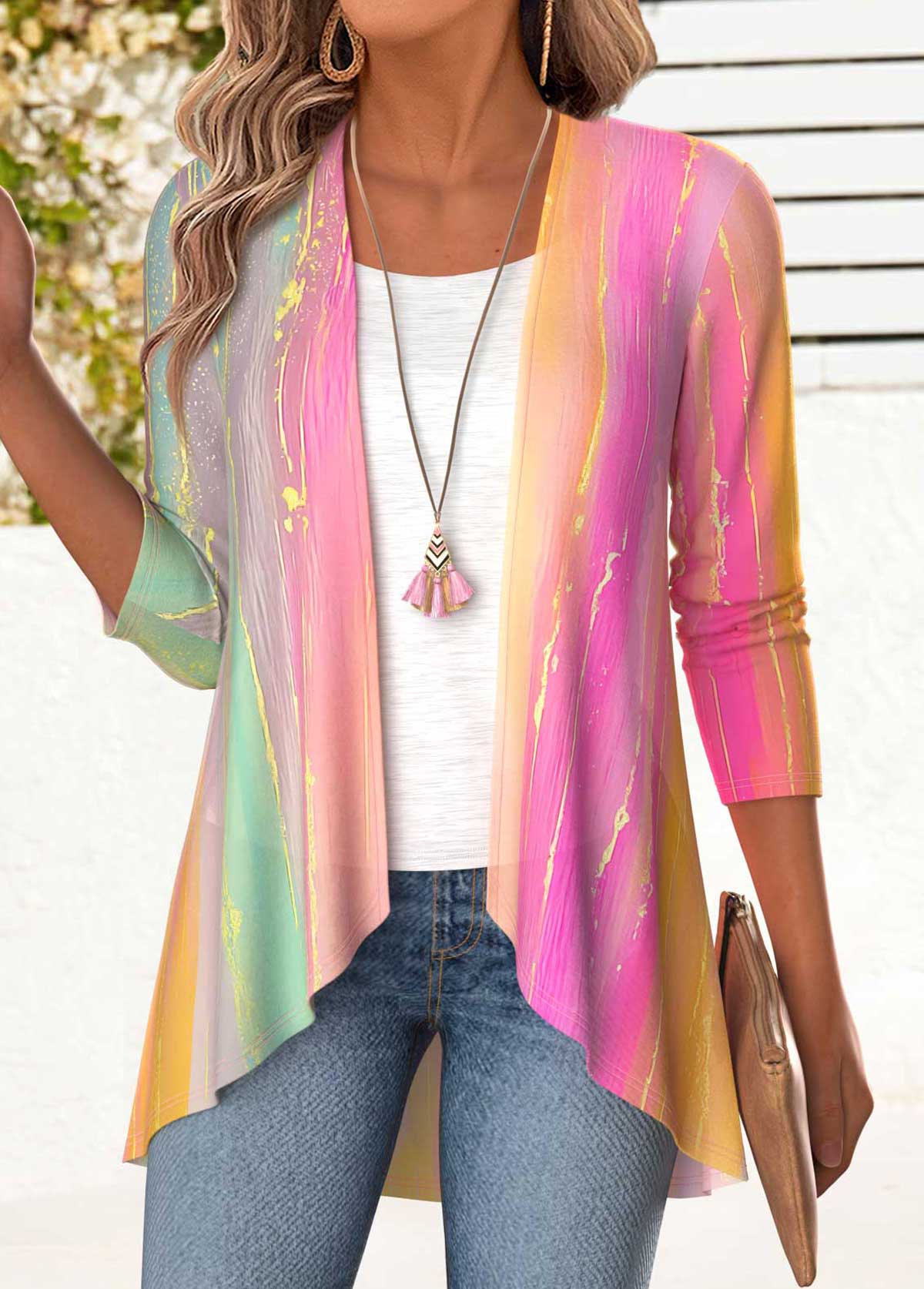 Multi Color Tummy Coverage Ombre Long Sleeve Lightweight Cardigan | picture 
