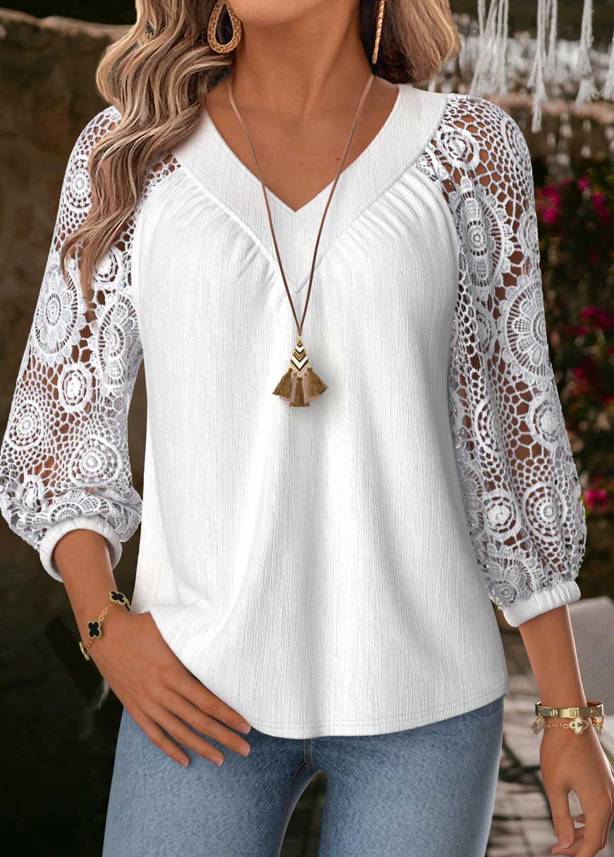 Raw White Tummy Coverage 3/4 Sleeve V Neck Blouse | picture 