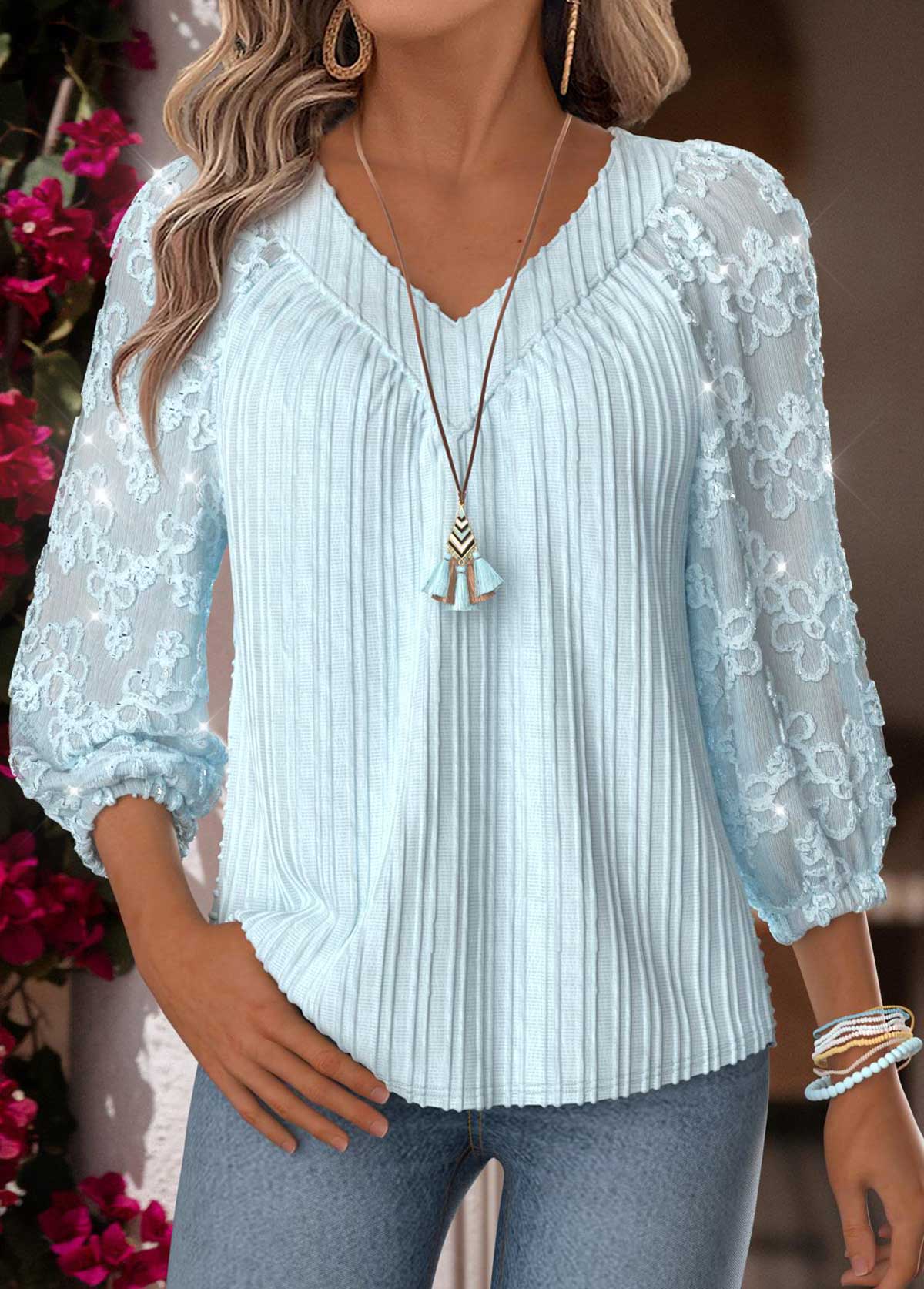 Light Blue Tummy Coverage 3/4 Sleeve V Neck Blouse | picture 