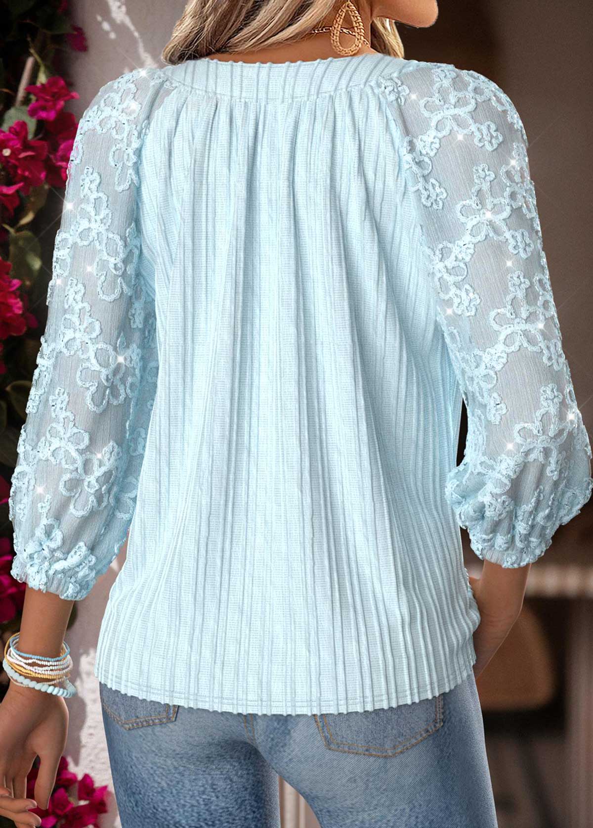 Light Blue Tummy Coverage 3/4 Sleeve V Neck Blouse | picture 
