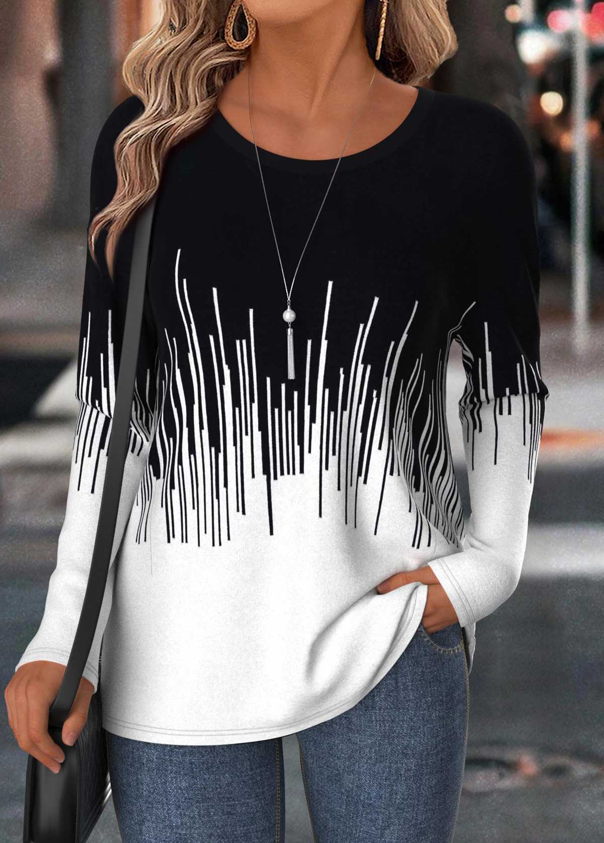 Black Tummy Coverage Geometric Print Long Sleeve T Shirt | picture 