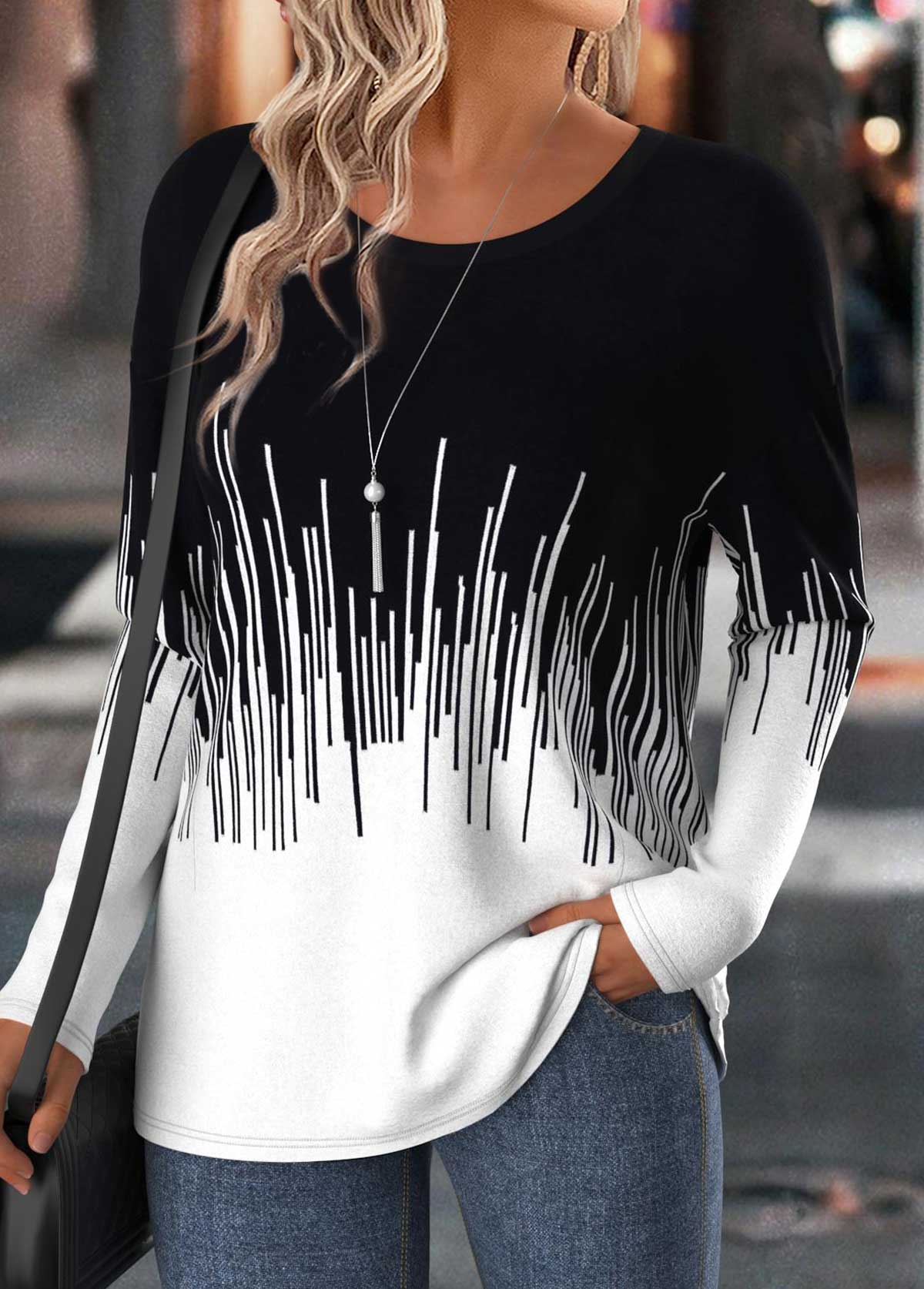 Black Tummy Coverage Geometric Print Long Sleeve T Shirt | picture 