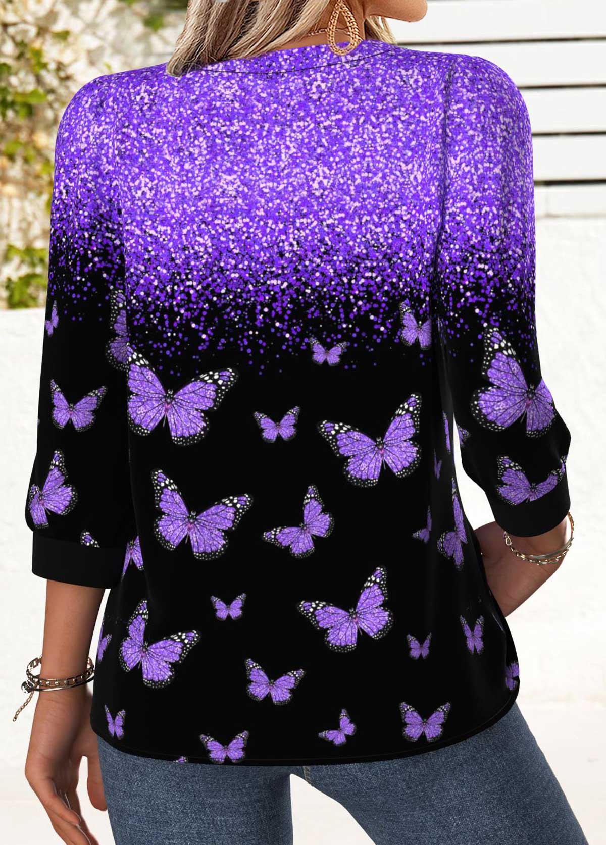 Purple Tummy Coverage Animal Print 3/4 Sleeve Blouse | picture 