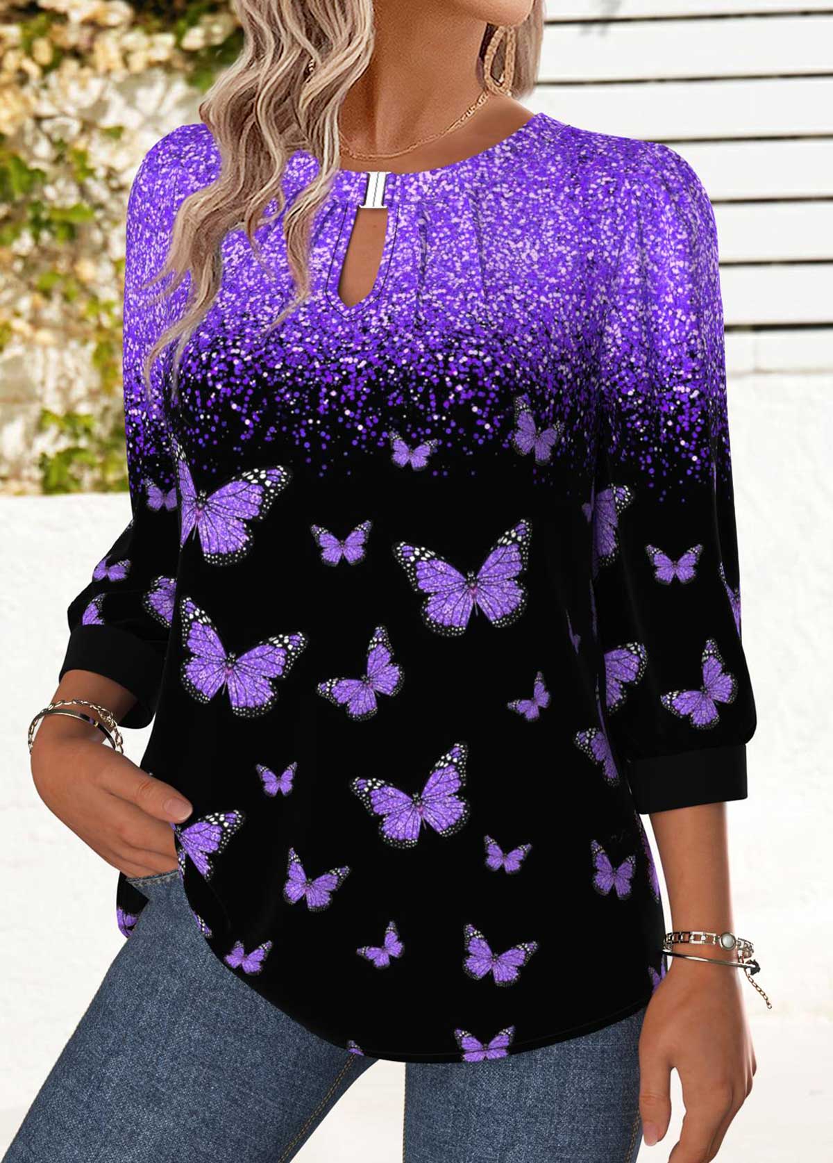 Purple Tummy Coverage Animal Print 3/4 Sleeve Blouse | picture 