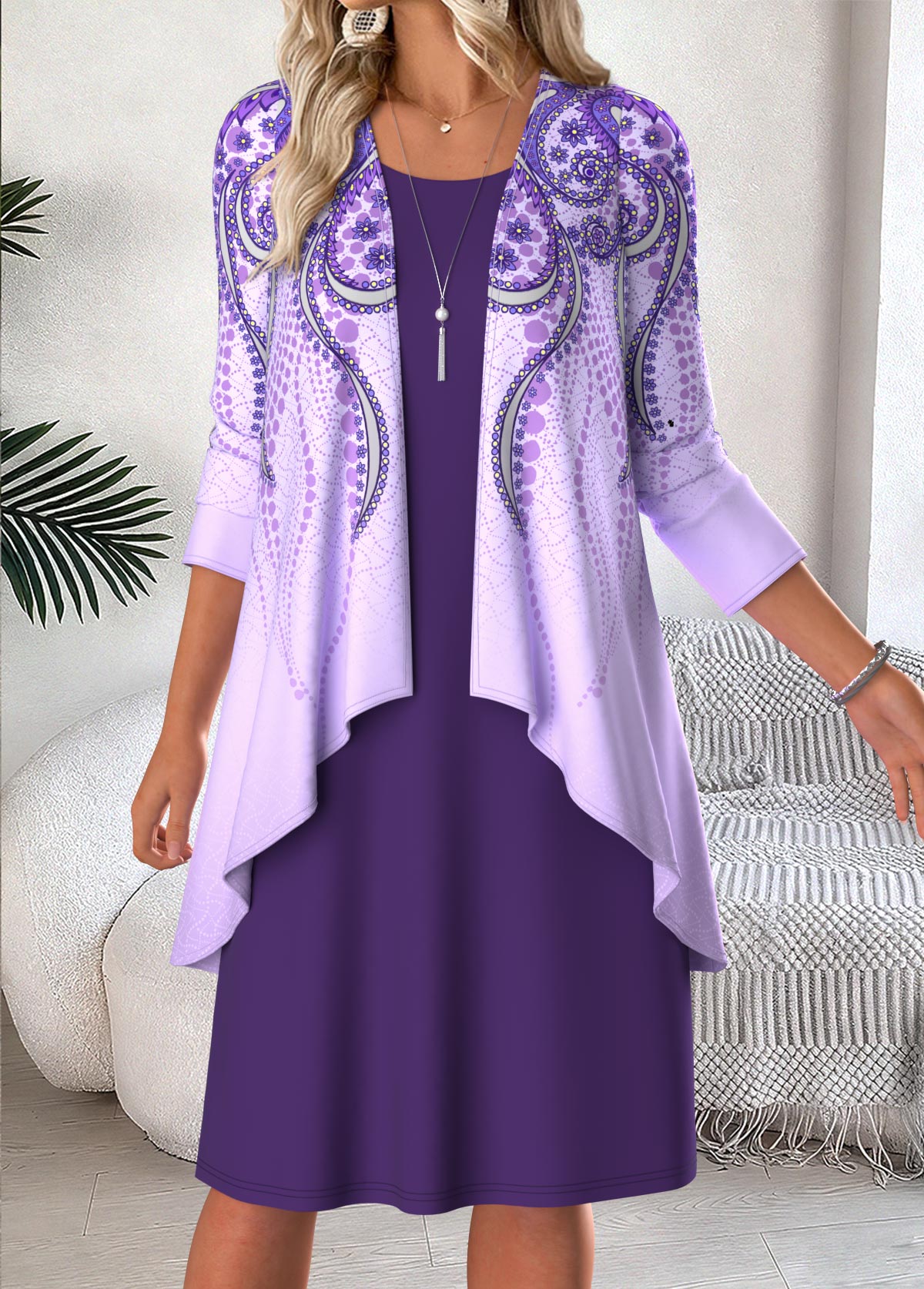 Purple Tummy Coverage Tribal Print Dress and Cardigan | picture 