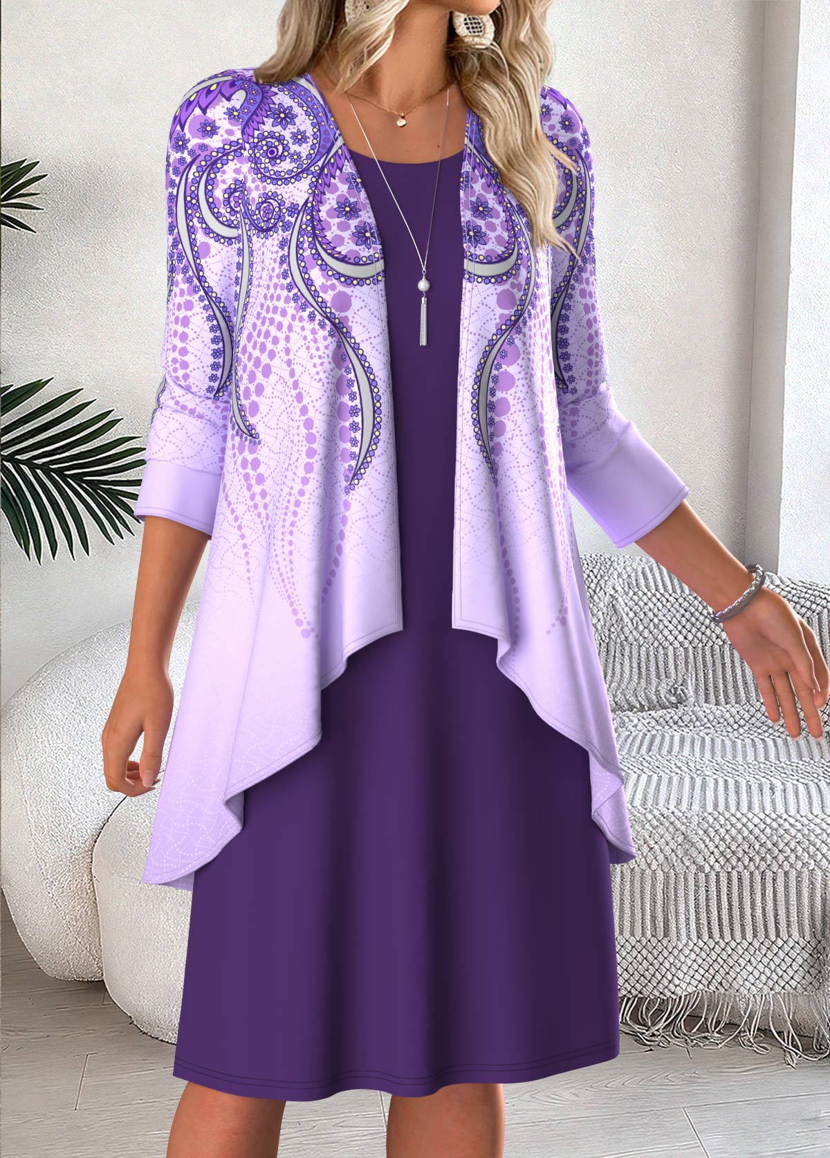 Purple Tummy Coverage Tribal Print Dress and Cardigan | picture 
