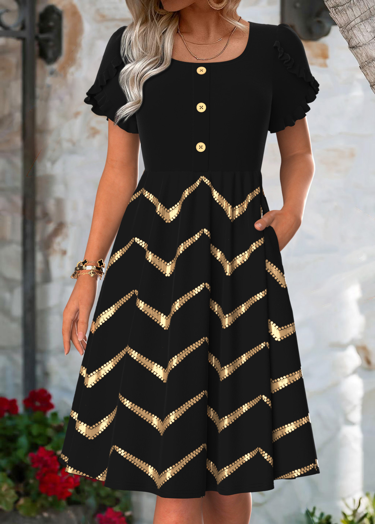 Black Tummy Coverage Short Sleeve Square Neck Dress | picture 