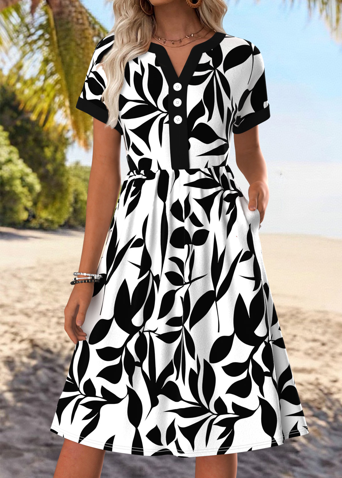White Tummy Coverage Leaf Print Short Sleeve Dress | picture 
