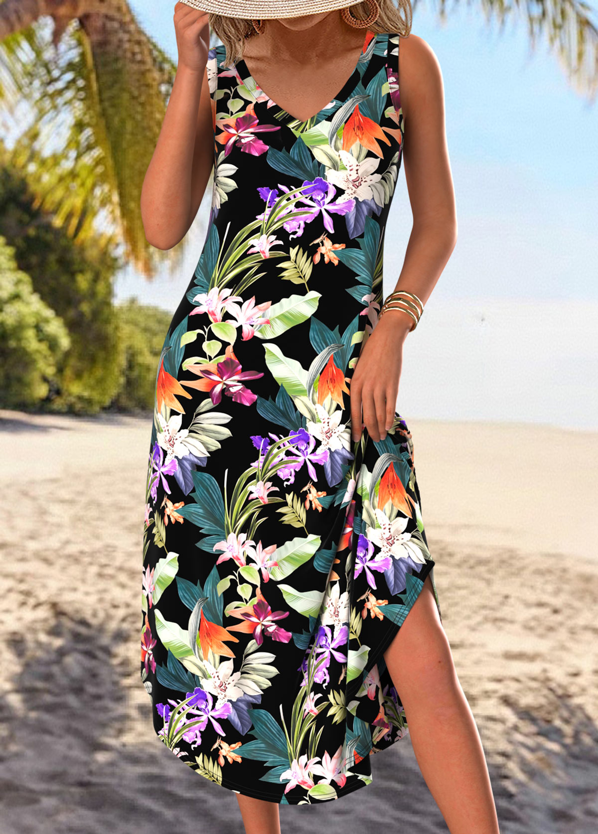 Black Tummy Coverage Floral Print A Line Sleeveless Dress | picture 