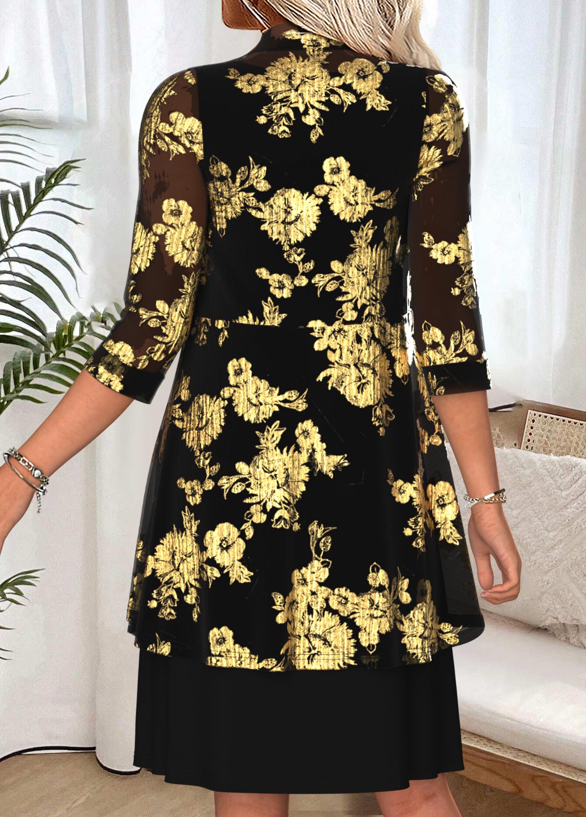 Black Tummy Coverage Floral Print Dress and Cardigan | picture 