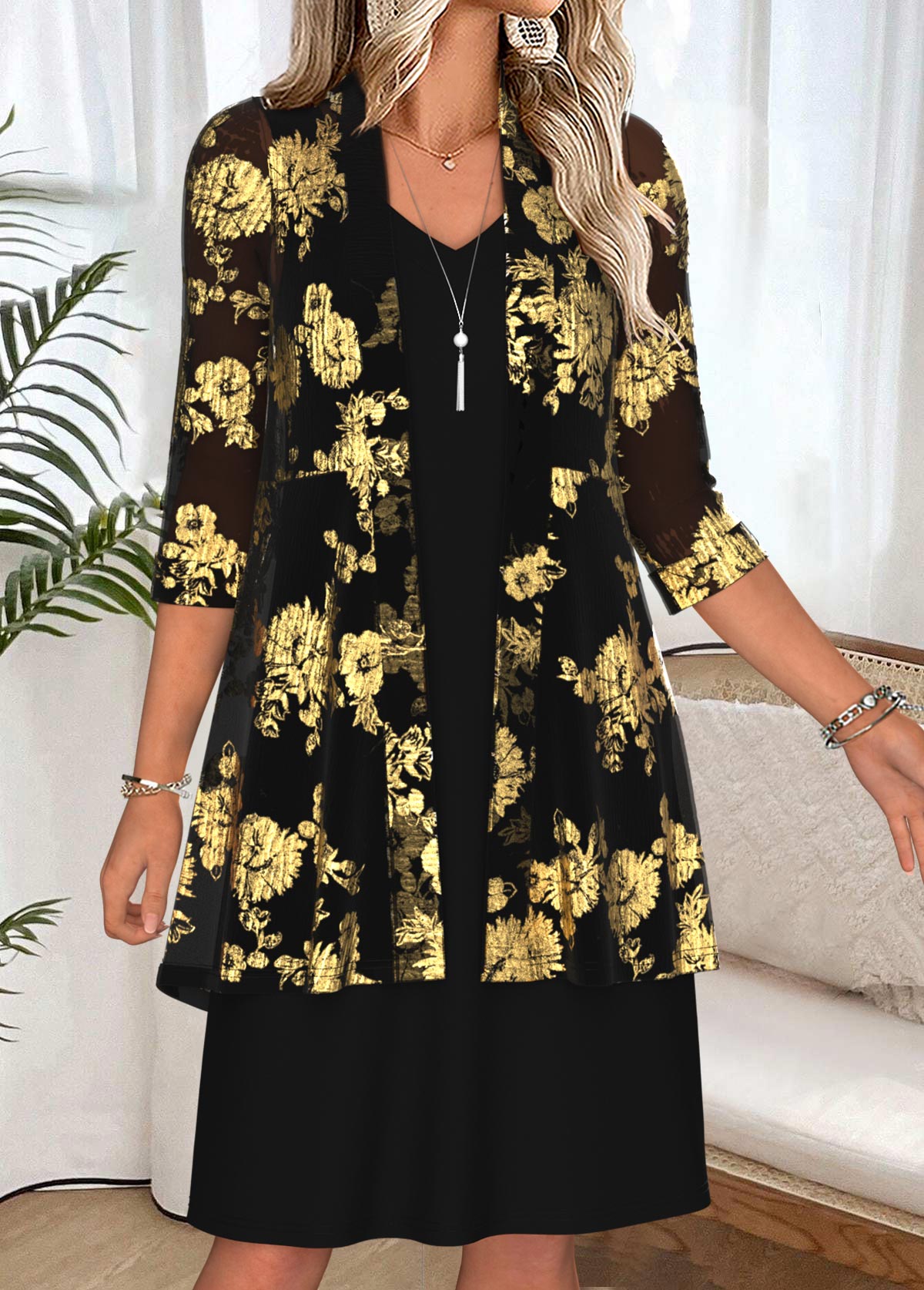 Black Tummy Coverage Floral Print Dress and Cardigan | picture 