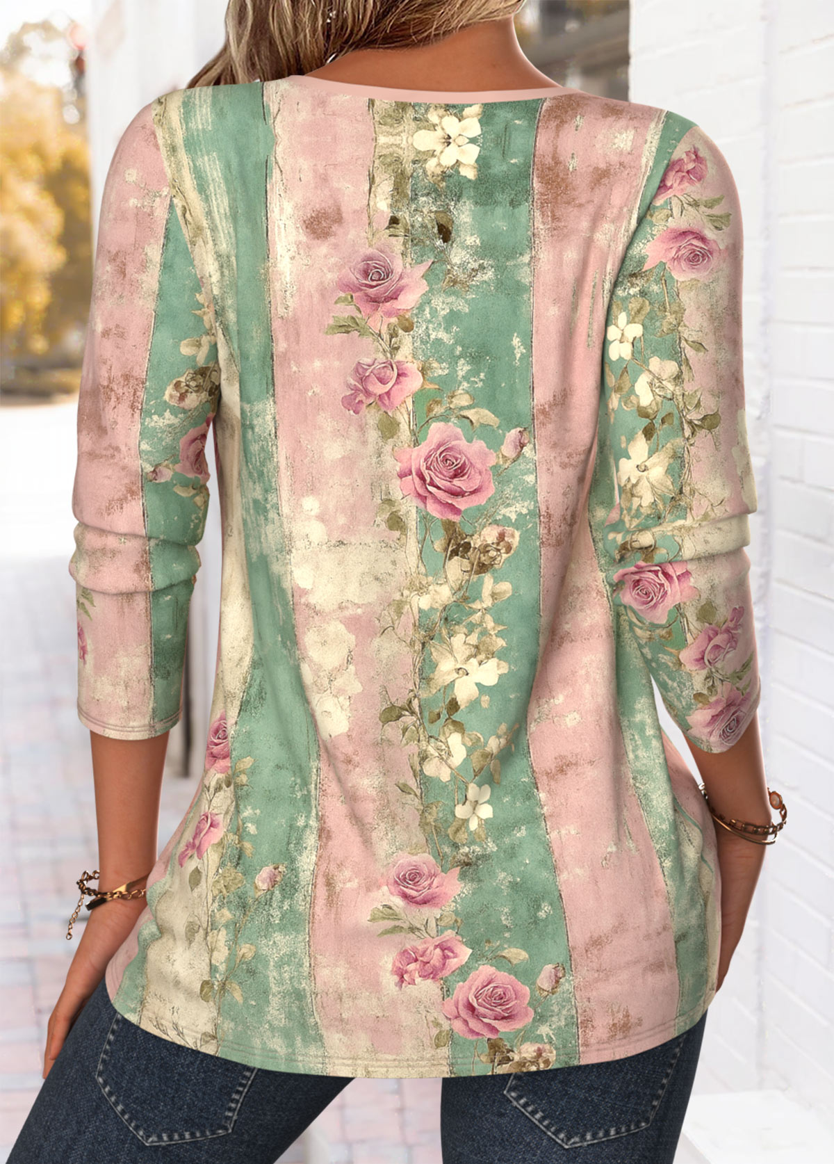 Multi Color Button Random Floral Print Long Sleeve Blouse | picture 